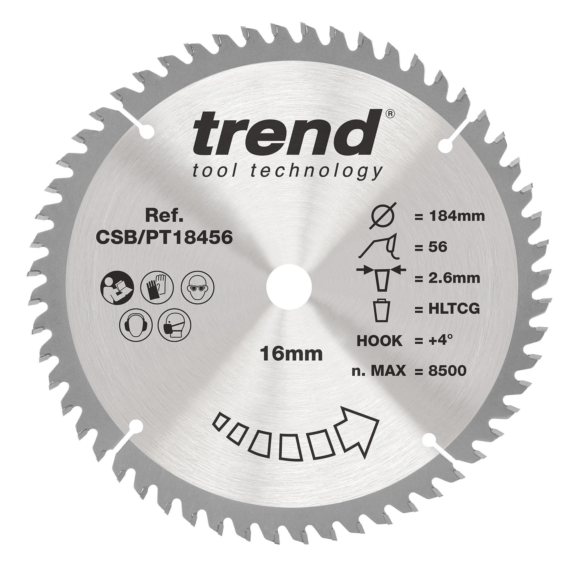 Trend Laminate & HPL Circular Saw Blade, 184mm Diameter, 16mm Bore, 56T, 2.6mm Kerf, +4° Hook, TCT Finish, CSB/PT18456