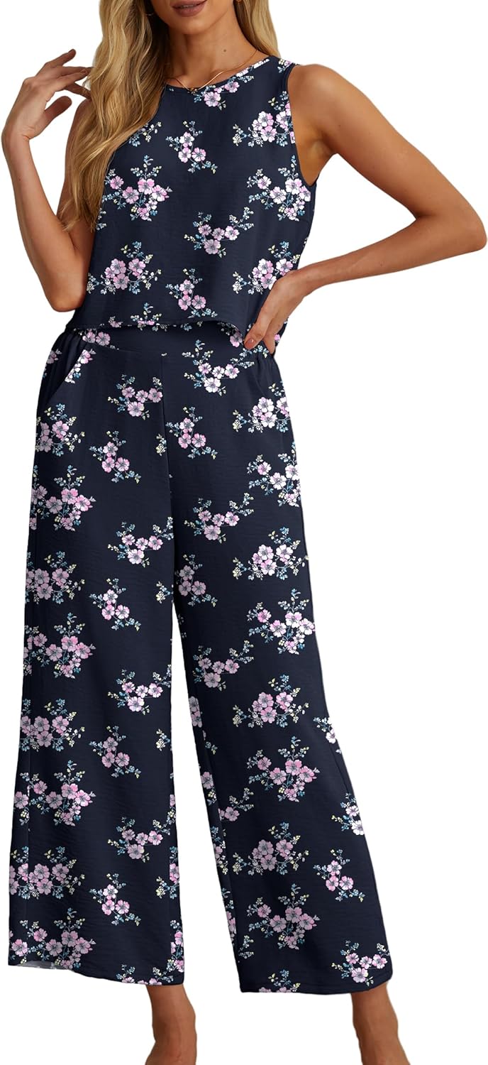 IWOLLENCE Women's Summer 2 Piece Outfits Set Round neck Sleeveless Tank Crop Top Wide Leg pants Set Pockets Jumpsuits
