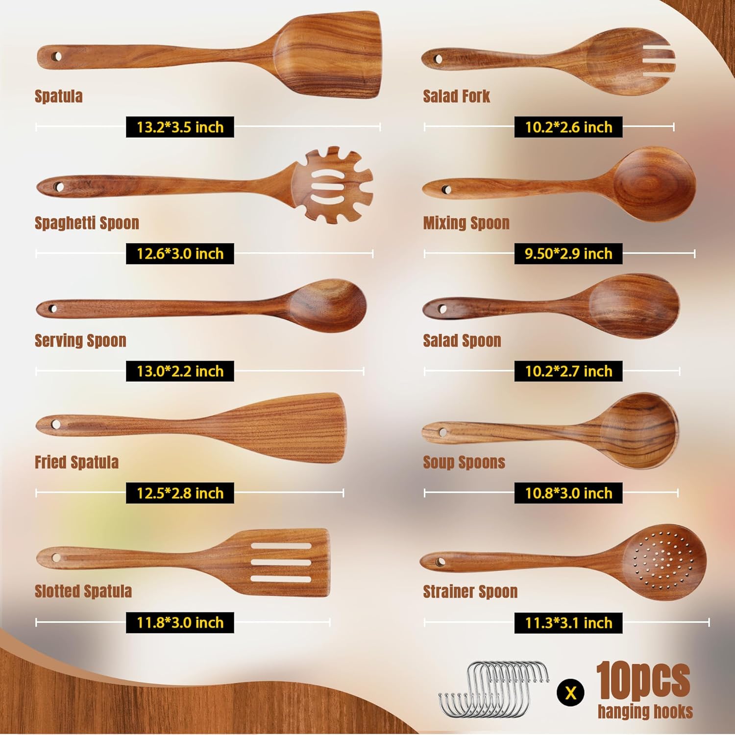 ACMETOP Wooden Spoons for Cooking, 10PCS Teak Wood Kitchen Utensils Set With 10 Hooks, Nonstick Cookware Utensil Set - Mother's Day Gift