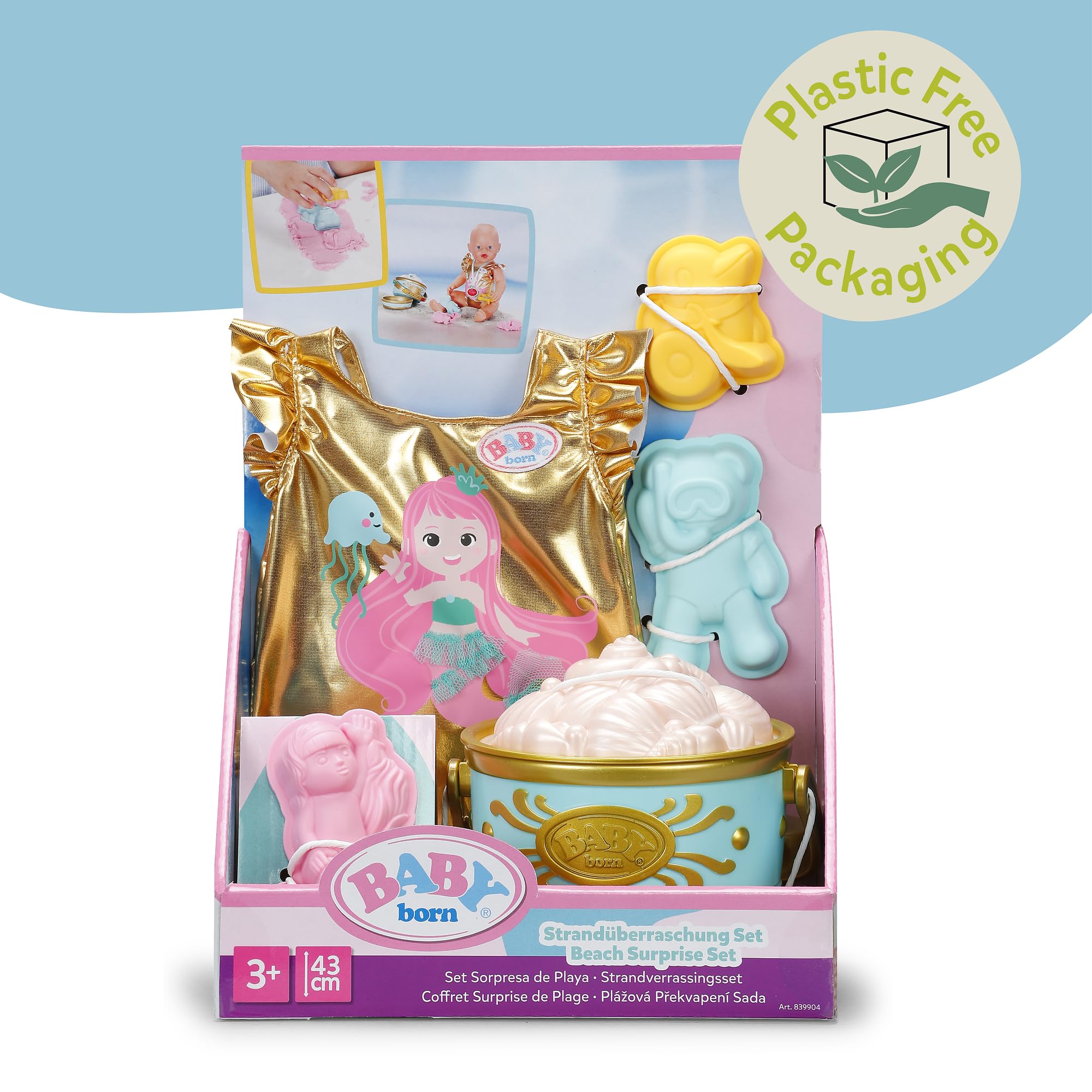 Baby born Set Sorpresa de Playa con bañador Estampado Sirena, moldes de Arena, Arena moldeable, Cubo y 5 sorpresas para muñecas de 43 cm