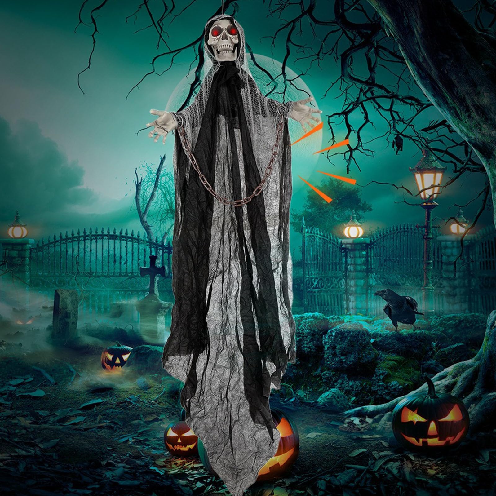 Decorazione da appendere a forma di scheletro di Halloween, realistica, con catena, per esterni, giardino, portico, cortile, struttura spaventosa