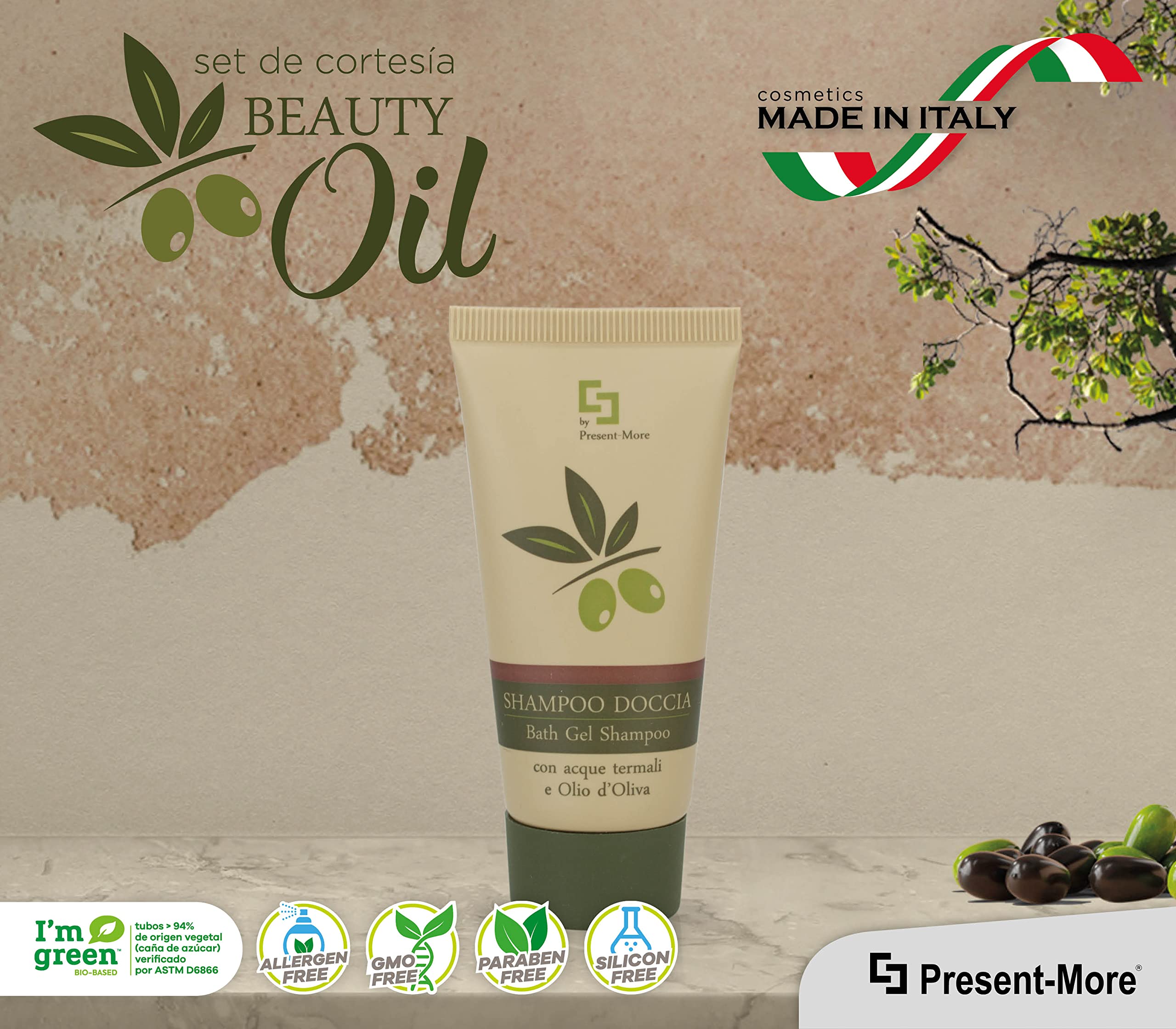 Present-More Champú de ducha 30ml Beauty Oil - Ducha champú 150 unidades para Hoteles y B&B | Ducha champú sin alérgenos con fragancia Tahitian