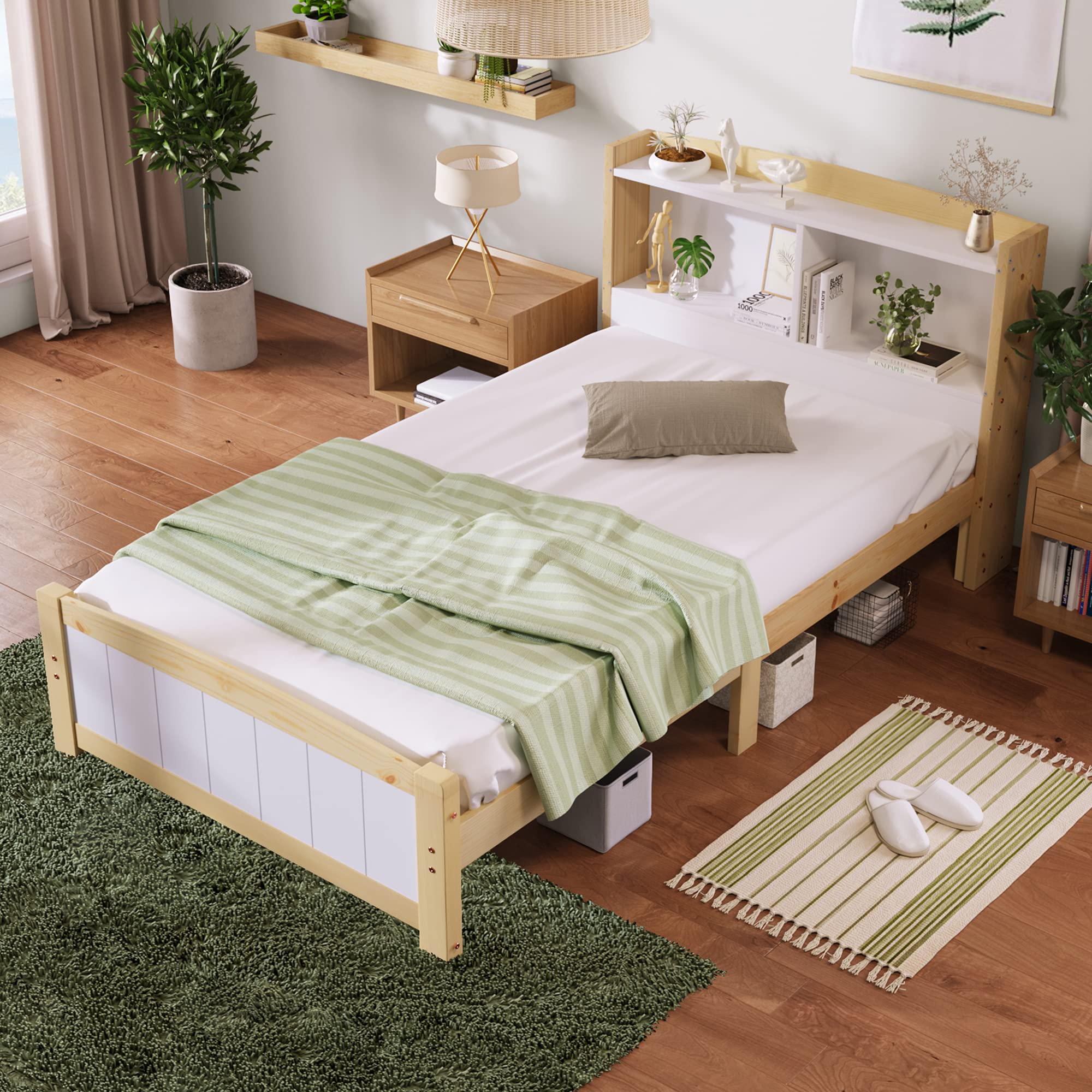 Merax Cama infantil 90x200cm, espacio de almacenamiento de madera maciza individual con soporte de exposición, cama juvenil con somier y cabecero, práctica estructura de cama para habitación infantil