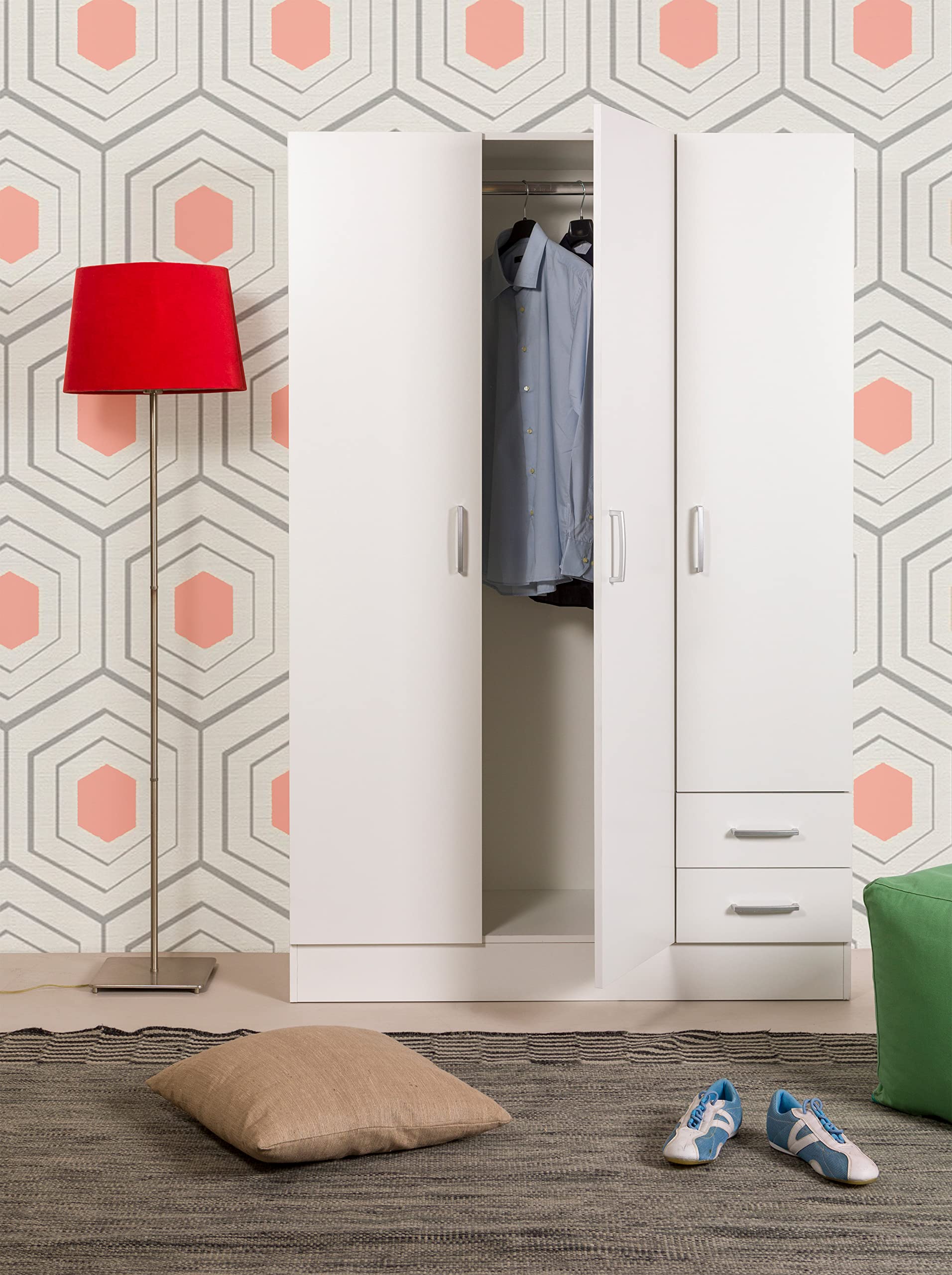 COMPOSAD | Armadio della Linea FACILE con 3 Ante e 2 Cassetti, Camera da Letto, Armadio con Ante, Dimensioni (LxAxP) 119,30x184,40x46,30 cm, Colore Bianco, Made in Italy