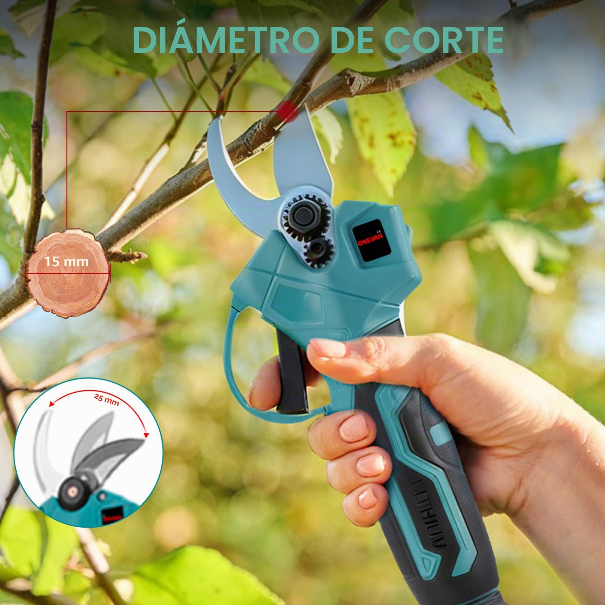 ONEVAN Podadora y Tijera de Podar Telescópica 4 en 1 incl. 2×4.0Ah Baterías | 15cm Motosierra, 25mm Cizalla, 260cm Barra, 180° Ángulo ajustable, Motor Brushless, Acero SK5 Cuchillas, Poda en altura