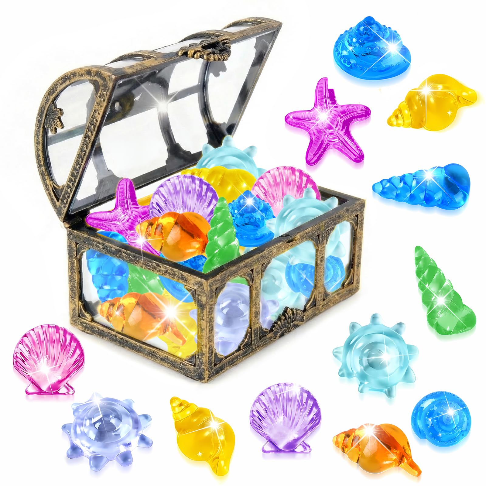Set de Gemas Coloridos, 36 Gemas Piratas de Acrílico con 1 Cofre Pirata, Piedras Preciosas de Buceo, Juguetes de Piscina Diving Gems para Piscinas, Playas y Búsquedas del Tesoro (D)