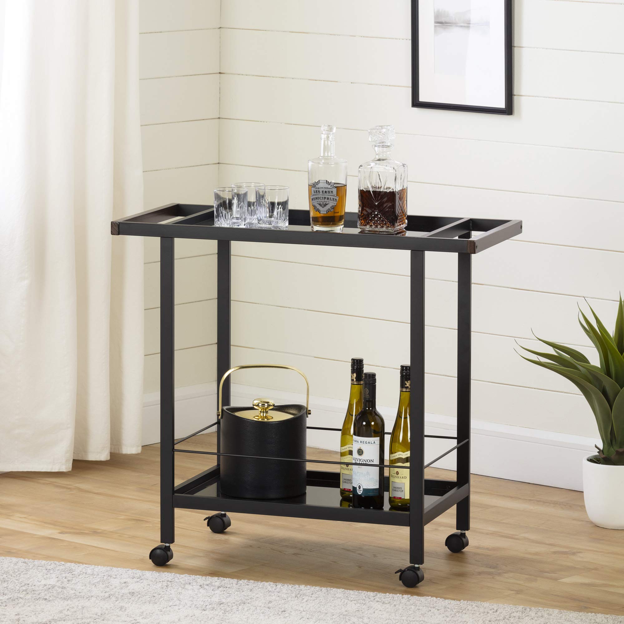 South Shore Metal Bar Cart on Wheels with Glass Shelves, Black Tempered