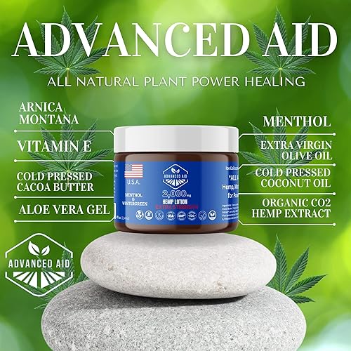Miniatura 2 de Advanced Aid Loción de cáñamo de 2000 mg de aceite de cáñamo  mentol y gaulteria - Gran tamaño de 4 onzas - Extracto de CO2 orgánico ultra puro sin
