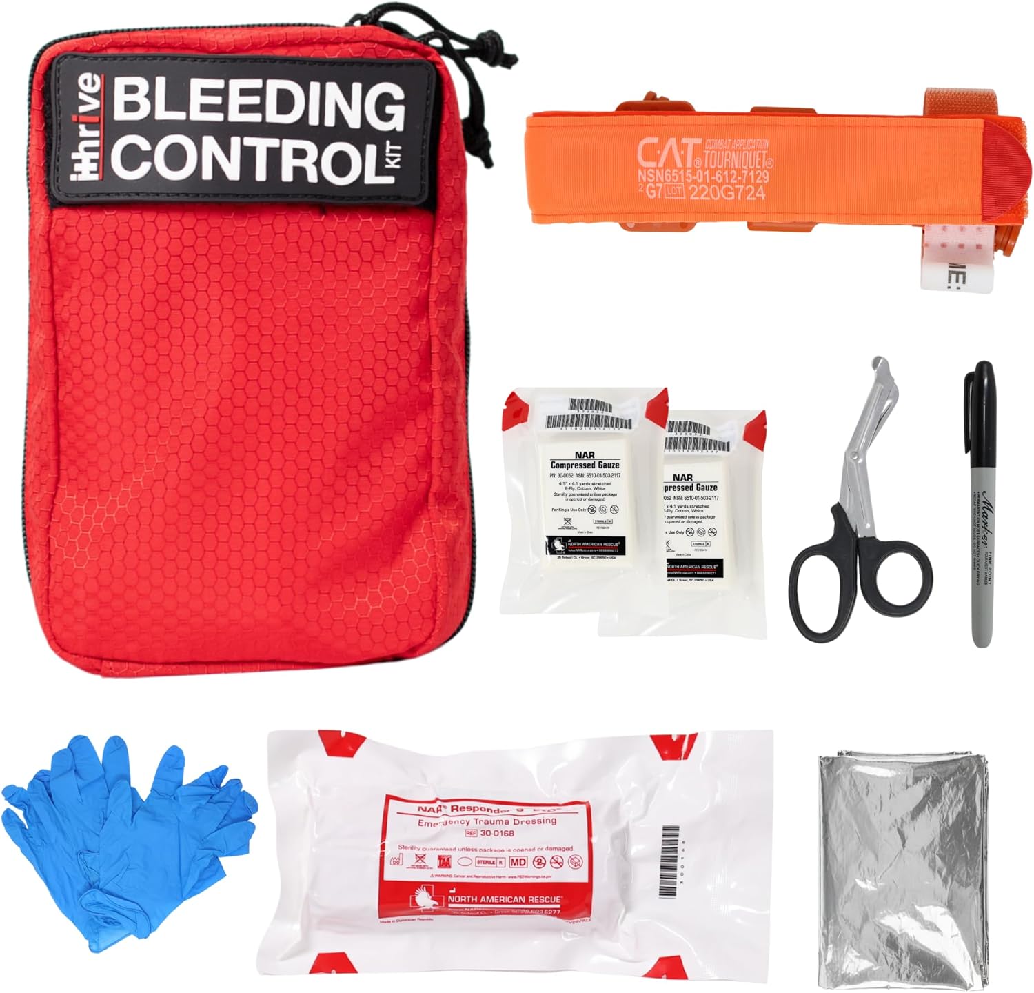 Basic Bleeding Control Kit from iThrive Medical - Stop The Bleed Kit with CAT Tourniquet, Trauma Dressing, Gauze & More - Public Access Emergency First Aid Kit in Red Nylon Bag