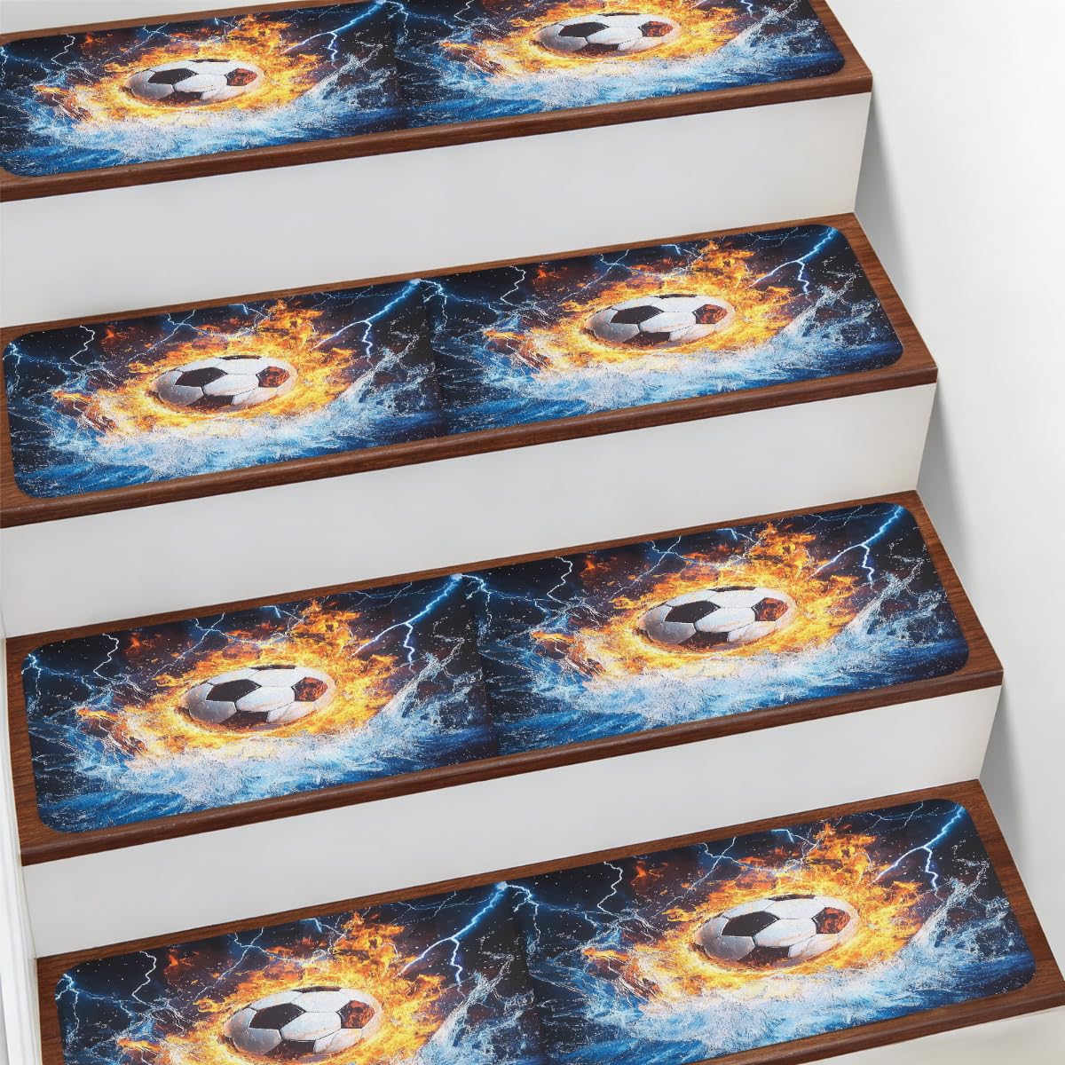 Alfombra para escaleras Mexpekil 7.8x30" antideslizante con diseño de fútbol y rayos