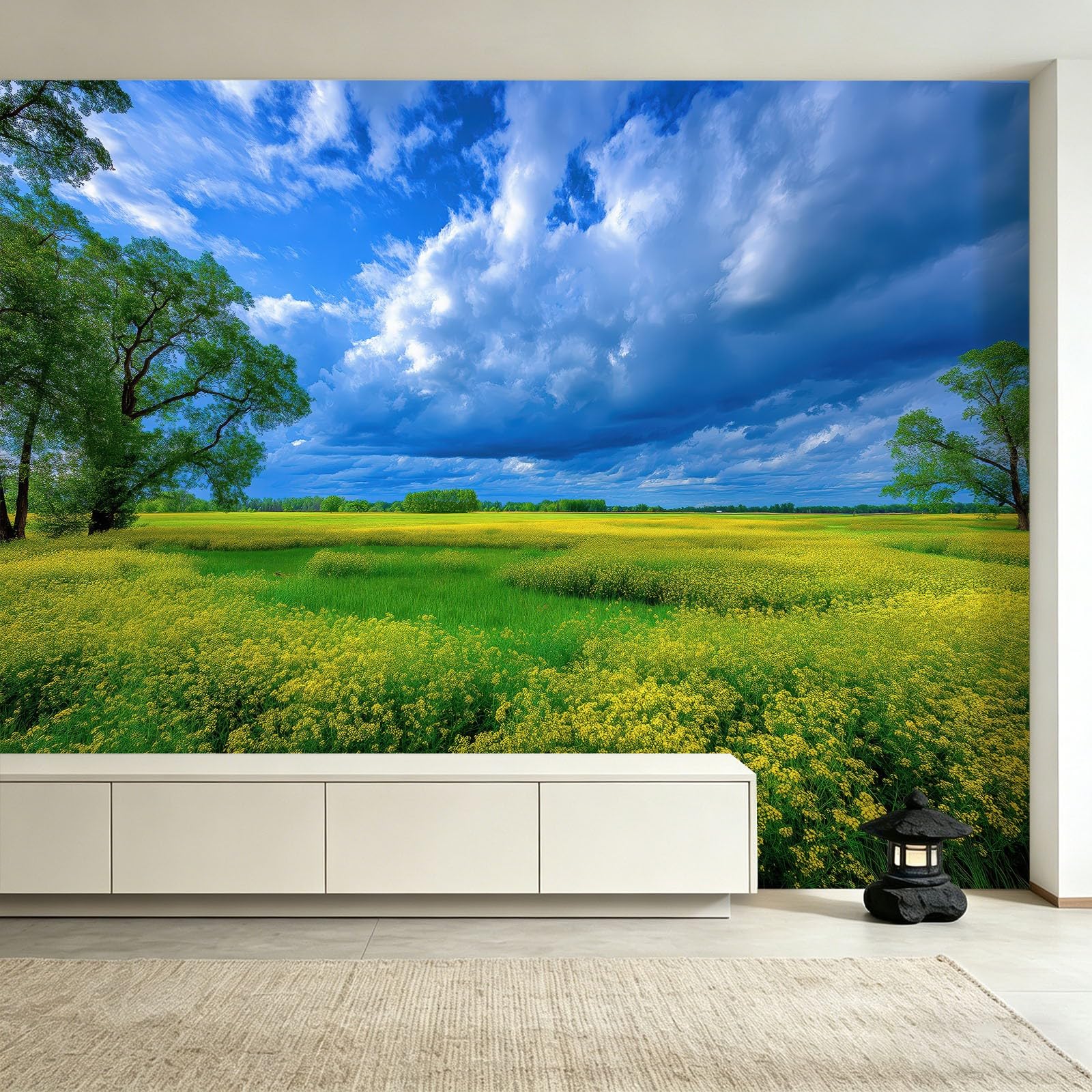 Carta da parati in tessuto non tessuto, 400 x 280 cm, decorazione da parete per sala da pranzo, corridoio, facile da montare, paesaggio, campo di colza, cielo, fiori
