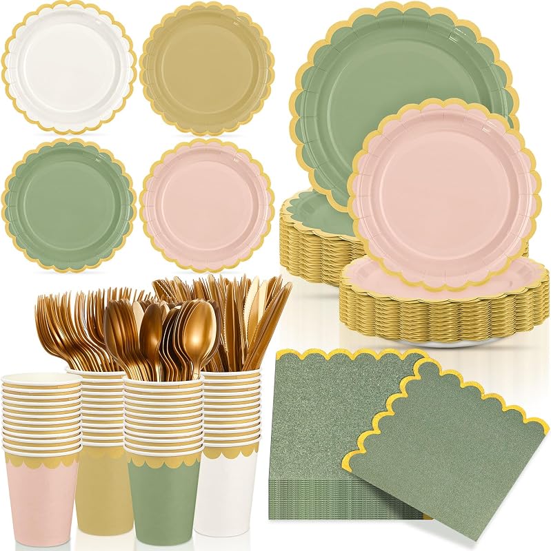 169 Pcs Sage Green and Pink Plates and Napkins Party Supplies Green and Rose Gold Tableware Include Scalloped Plates Paper Napkin Cup Spoon Fork Knife for Baby Shower, Wedding, Birthday