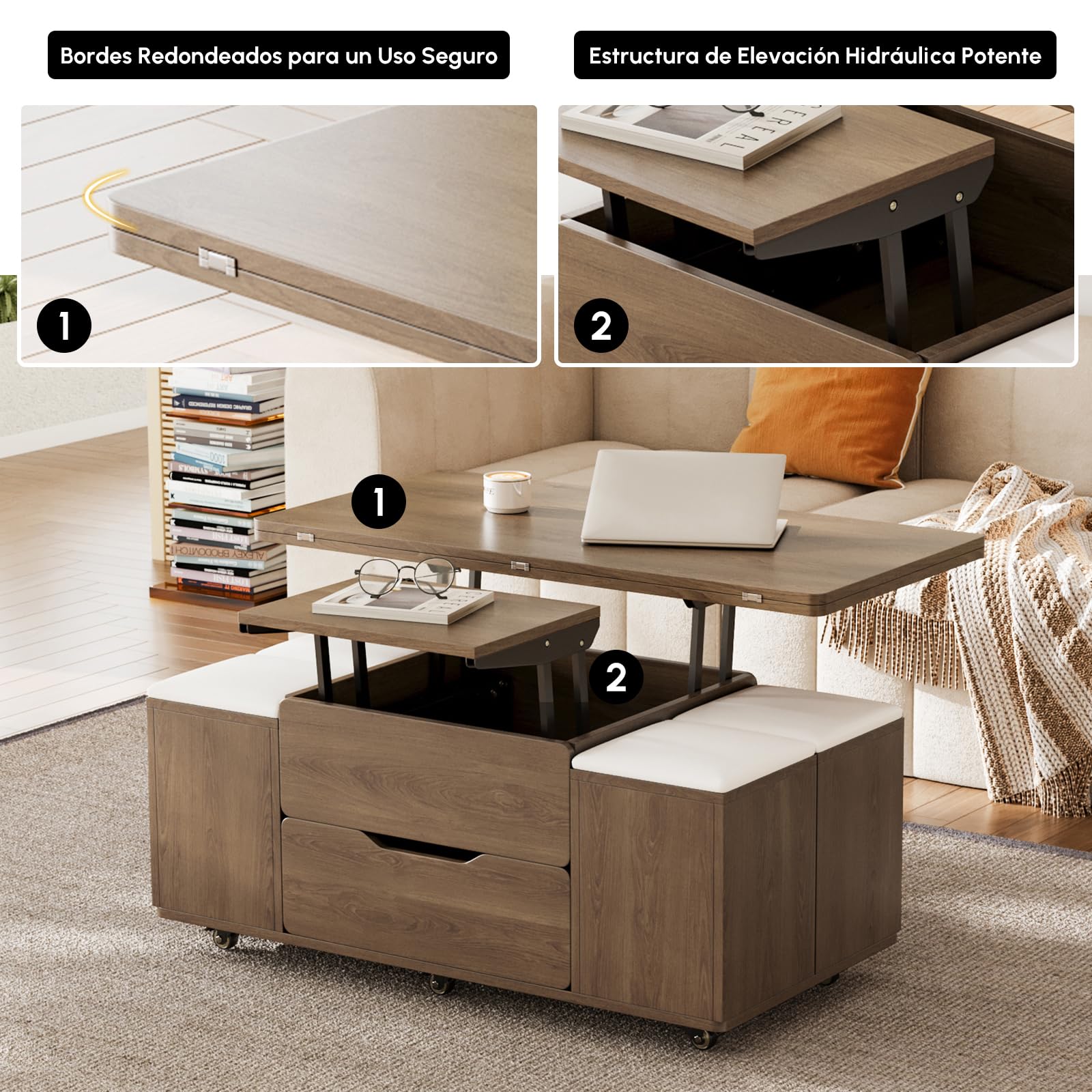 Homary Mesa de Centro Elevable con 4 Taburetes 100 X 50cm Nogal Mesa Elevable con Mecanismo Hidráulico y Almacenaje Oculto,Extensible con Rueda Bloqueable Función Convertible para Oficina o Comedor
