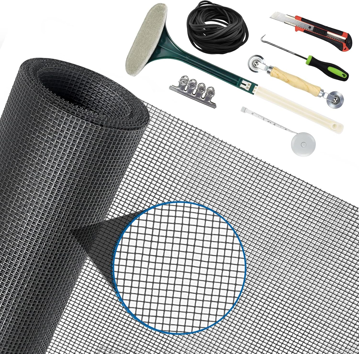 Jeyew Window Screen with Full Set Repair Kit, Fiberglass Window Mesh Screen with Window Cleaning Tool, Screen Repair Kit for Windows or Doors, Window Screen Replacement, (39'' x 118'', Grey)