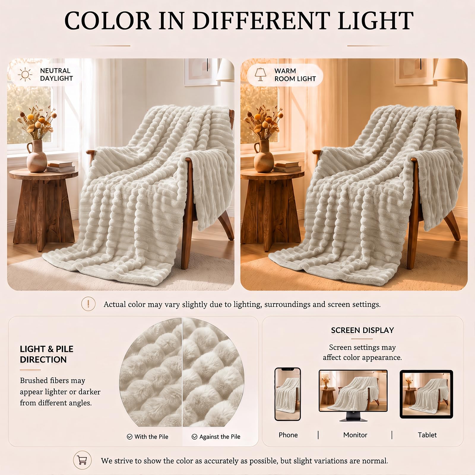 HIMEET Beige King Size Blanket for Bed, 300GSM Ribbed Fleece, 108 x 90 in view 6