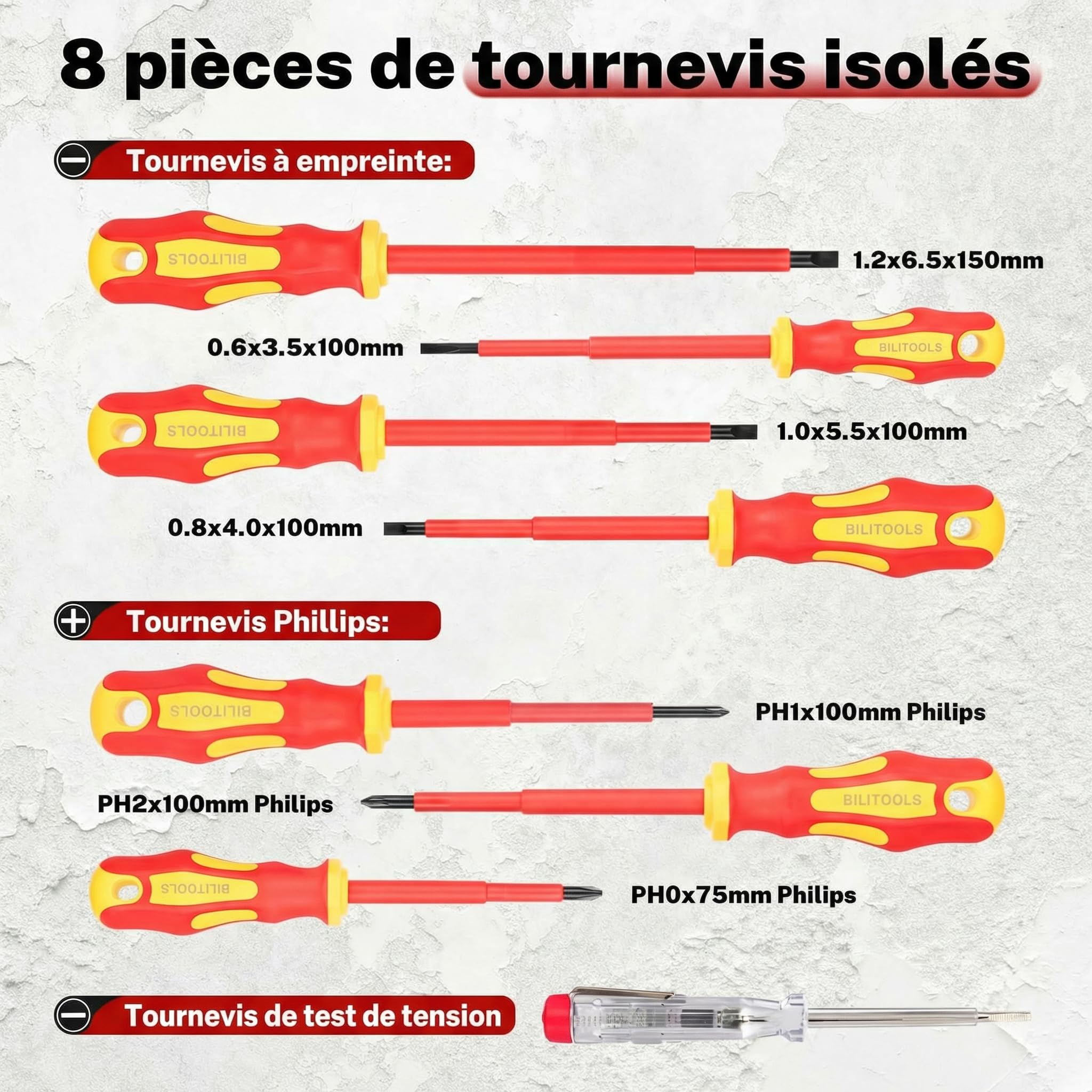 BILITOOLS Tournevis Électricien VDE 1000V 12 Pièces avec Pinces | Kit Outils Électricien Professionnel Isolé avec Poignées Antidérapantes, Pointes Magnétiques, Tournevis et Pinces