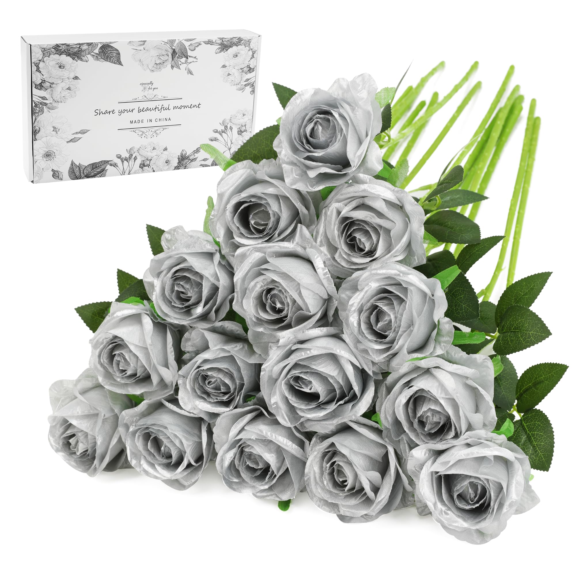 Silver Fake Roses Artificial Flowers - 16 Pcs Fake Artificial Roses Silk Flowers with Stems for Home Wedding Hotel Office Centerpiece Decor