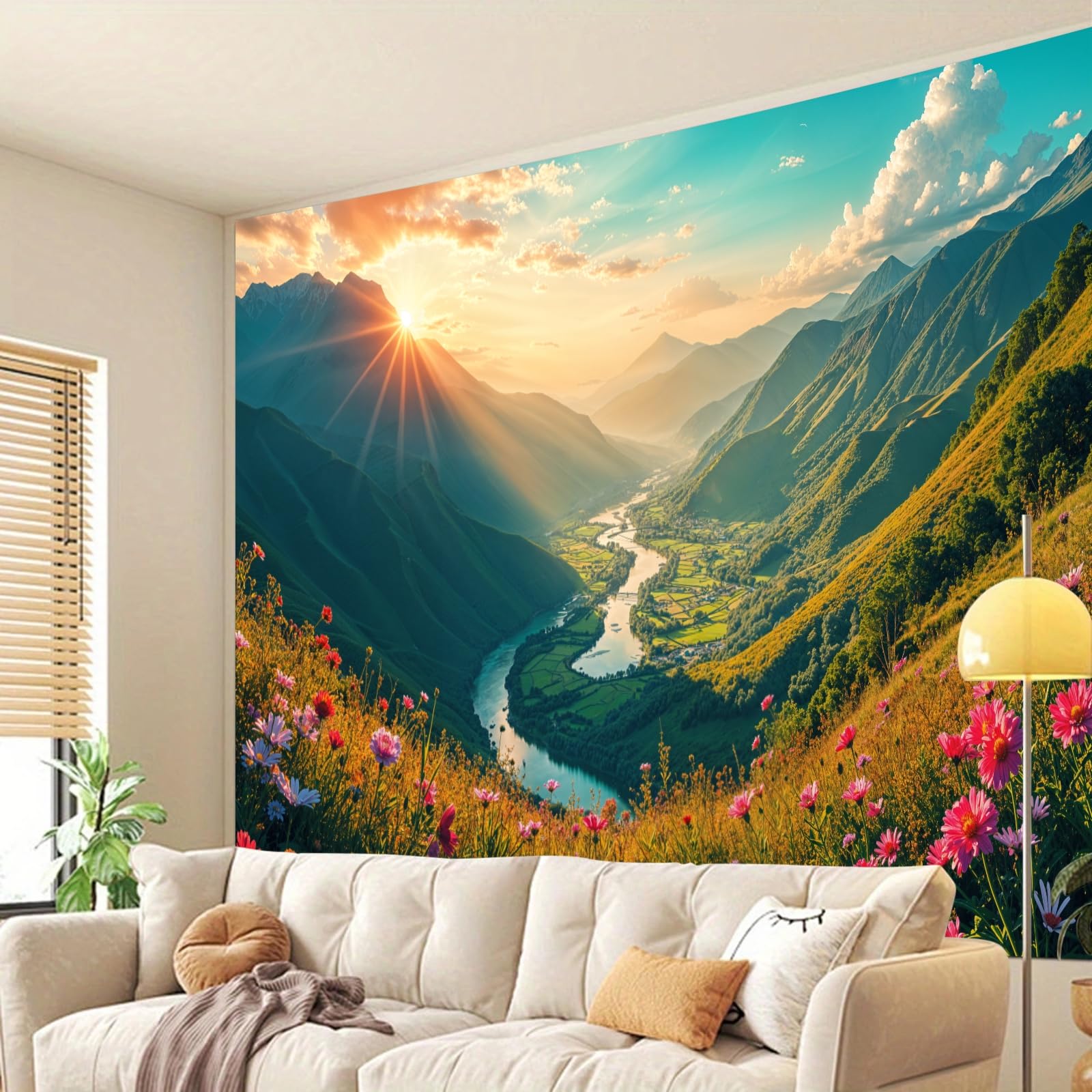 Calefee Wandteppich xxl 350x256, Wandteppich Natur Sonnenuntergang Berge Fluss Blumen Landschaft, Wandbehang Deko Teppich für Schlafzimmer