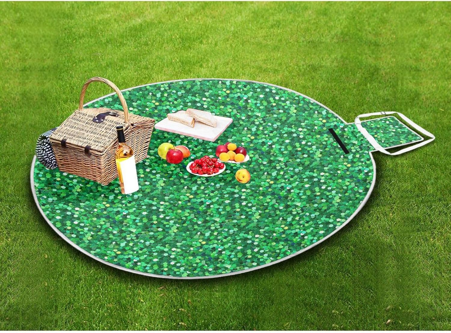 Round Outdoor Mat - Fits 2 Adults, Summer Accessories Sand Resistant Travel Picnic Blanket Dual Layer, Sand-Free, Soft Throw Rug 58 in (Green Fake Glitter)