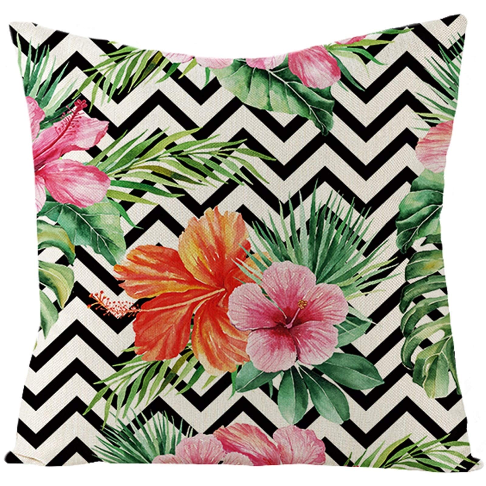 Linen Pillow Cover Queen Zipper Outdoor Sofa Cushion Covers With Zipper Green Pink Black White Couch Pillow Covers Waterproof Cushion Covers Summer Flowers Leaves Wavy Pattern 50x50 cm