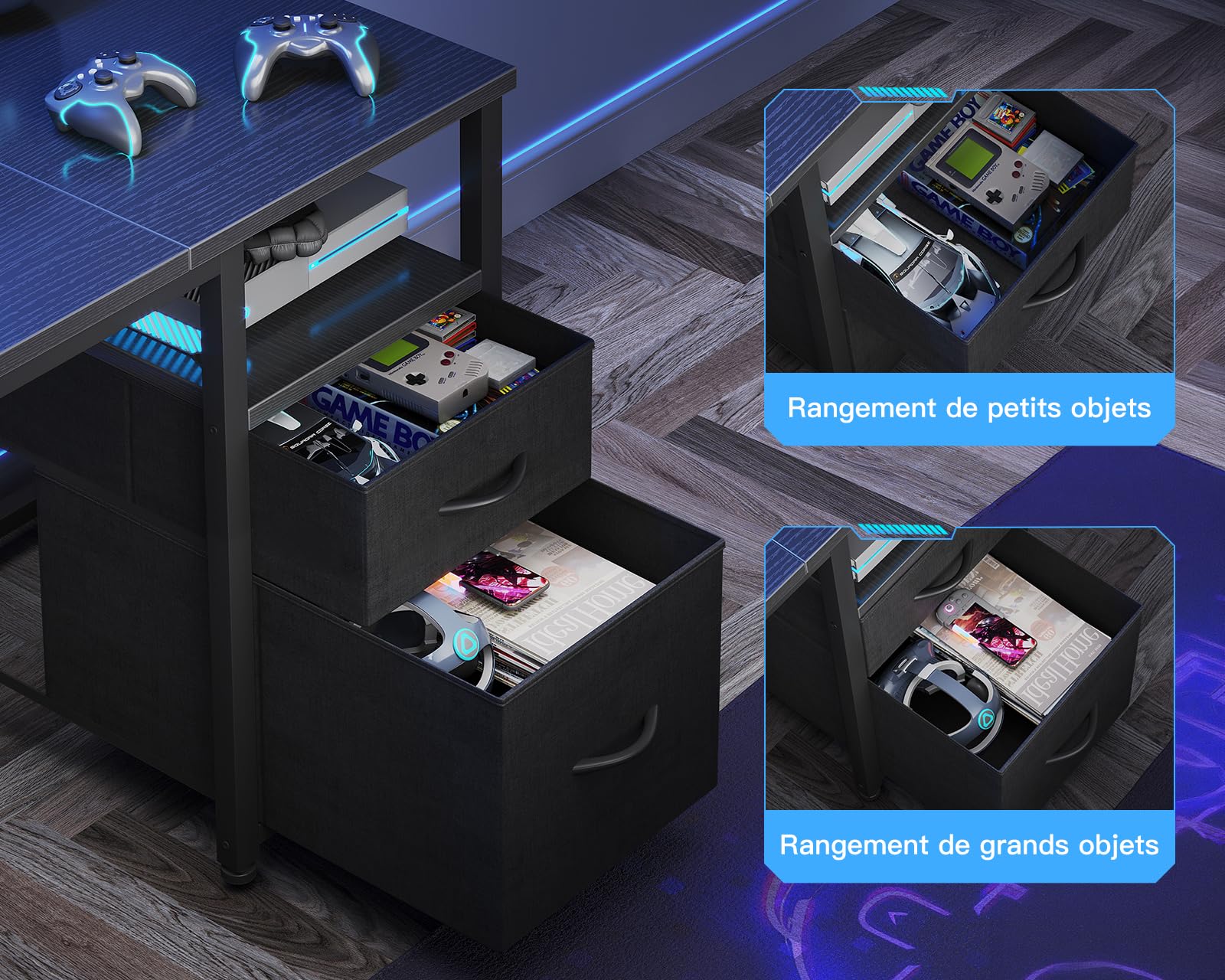 Coleshome Bureau d’Angle avec Tiroirs en Tissu, 140×80 cm Bureau Gaming Réversible avec Prises et Ports USB, Table en L avec Étagère Réglable pour Télétravail, Jeux et Études, Noir