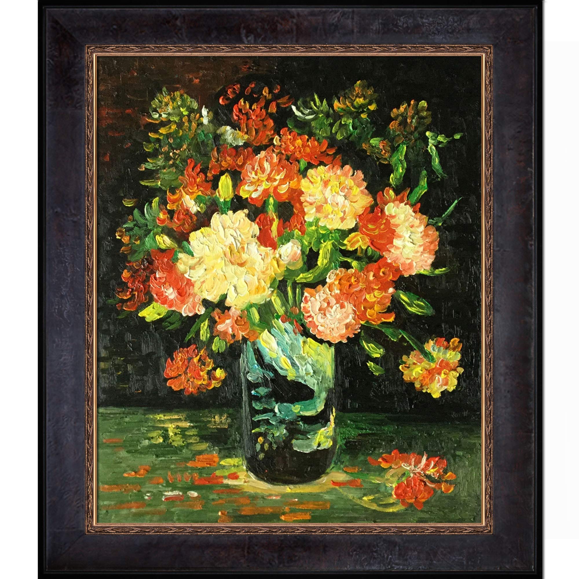 La Pastiche OverstockArt Vase with Carnations, 1886 by Vincent Van Gogh, Hand Painted Oil with Sambrosa Distressed Espresso Frame, 30" x 26"