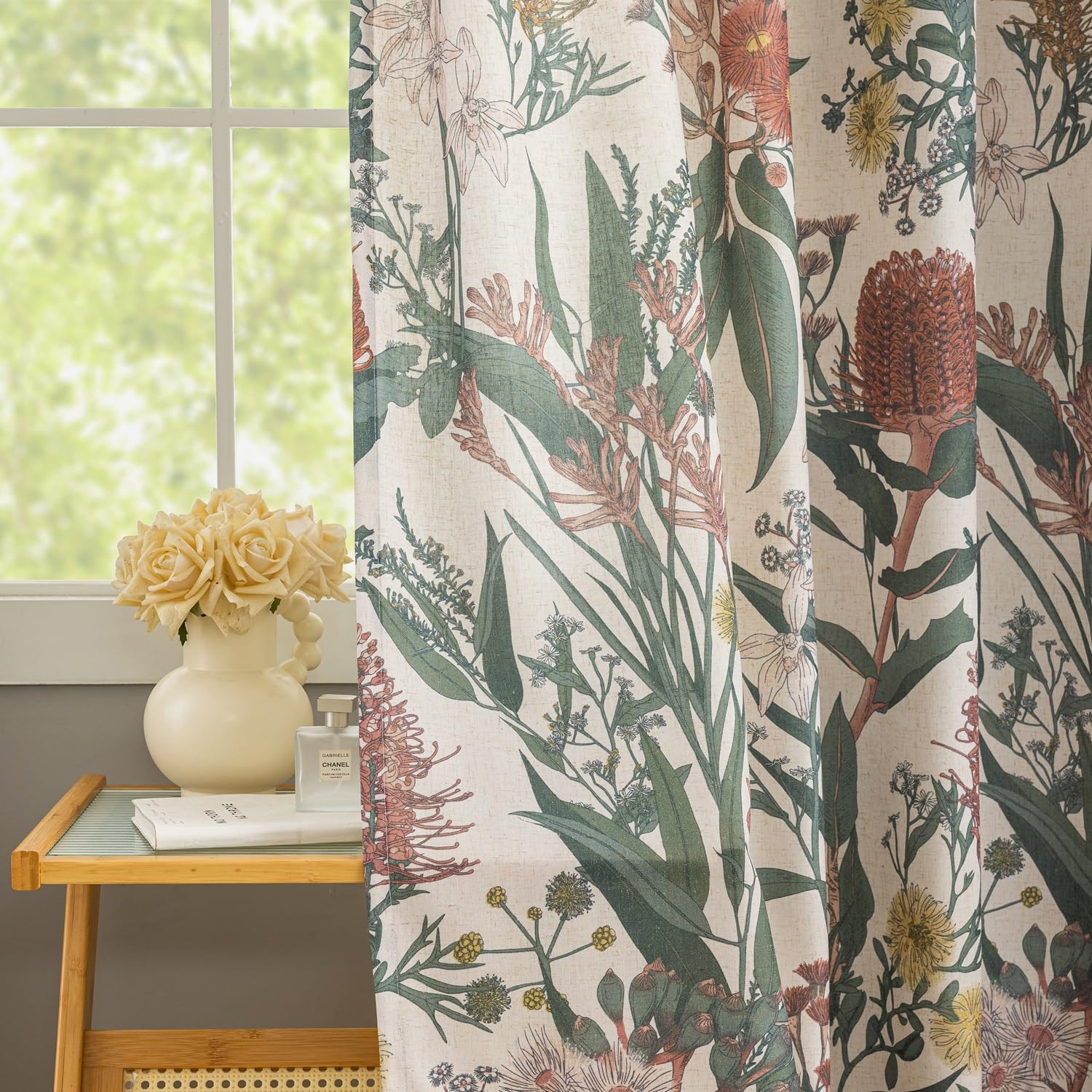 Floral Boho Curtains 84 Inches Length Protea Flower Print Linen Texture Window Drapes for Patio Door Africa Tribal Exotic Romantic Retro Window Treatments Grommet 2 Panels W50 x L84 Coral &amp;Green