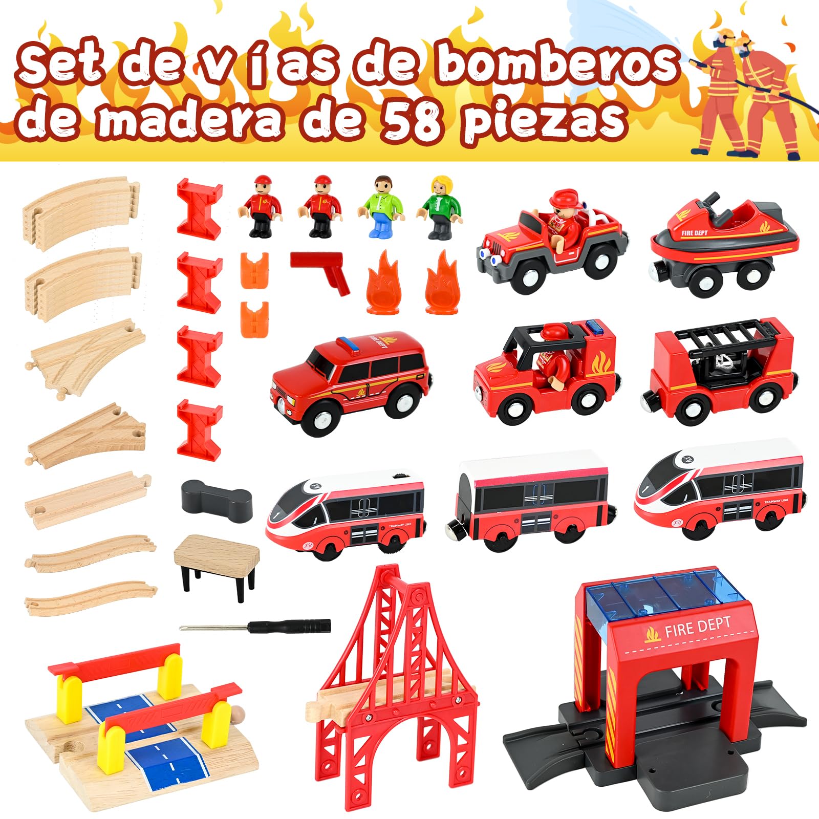 Ulikey 58 piezas circuito de tren de madera infantil con locomotora eléctrica y camión de bombero, juguete tren regalos de cumpleaños y Navidad para niños, compatible con grandes marcas Mainstream