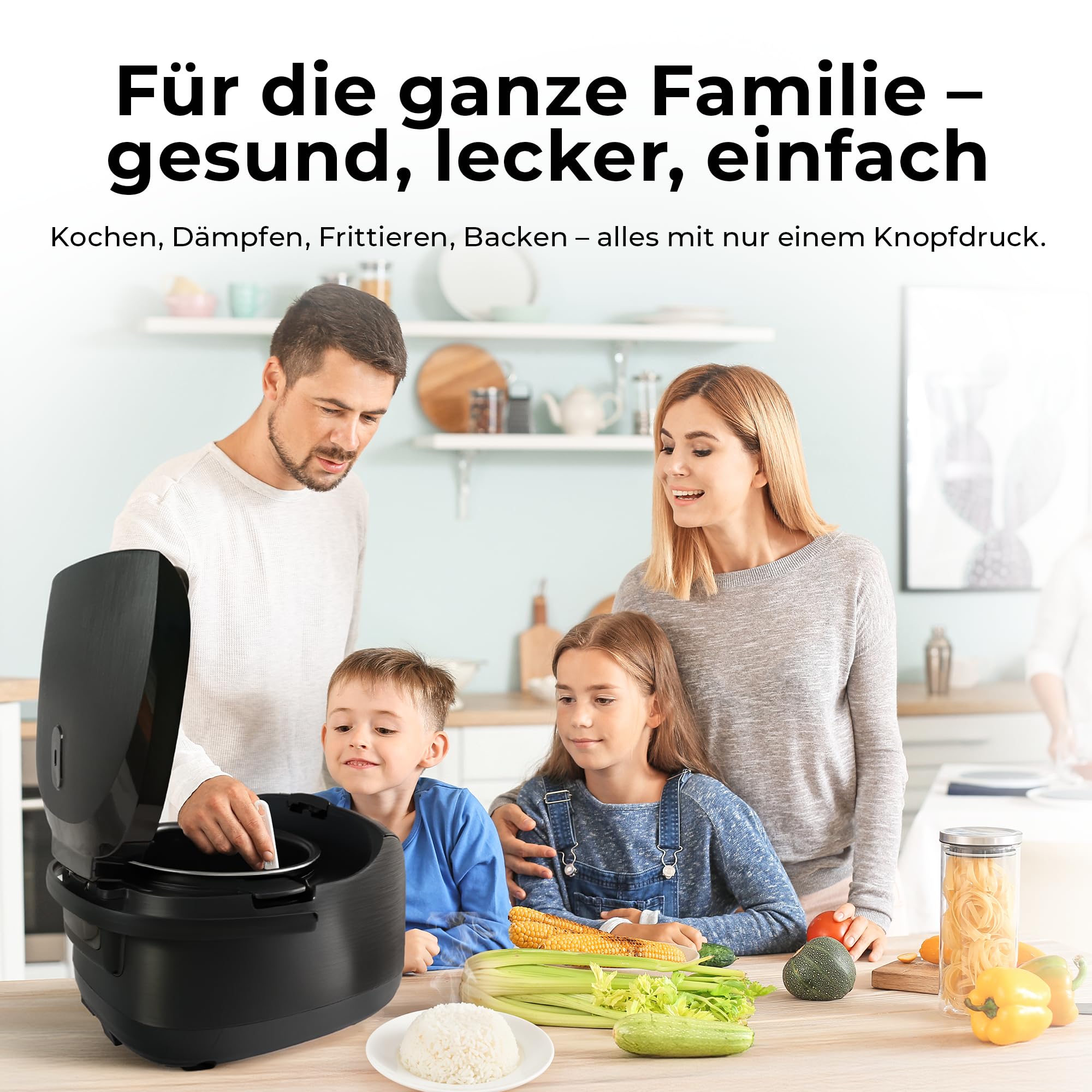 Balter Reiskocher, Multikocher mit 18 Programme, 4L Rice Cooker, Multicooker, Fuzzy-Logic, Dampfgarer & Slow Cooker, Warmhaltefunktion & Timer, inkl. Premium Topf, Zubehör & Rezeptbuch, klein