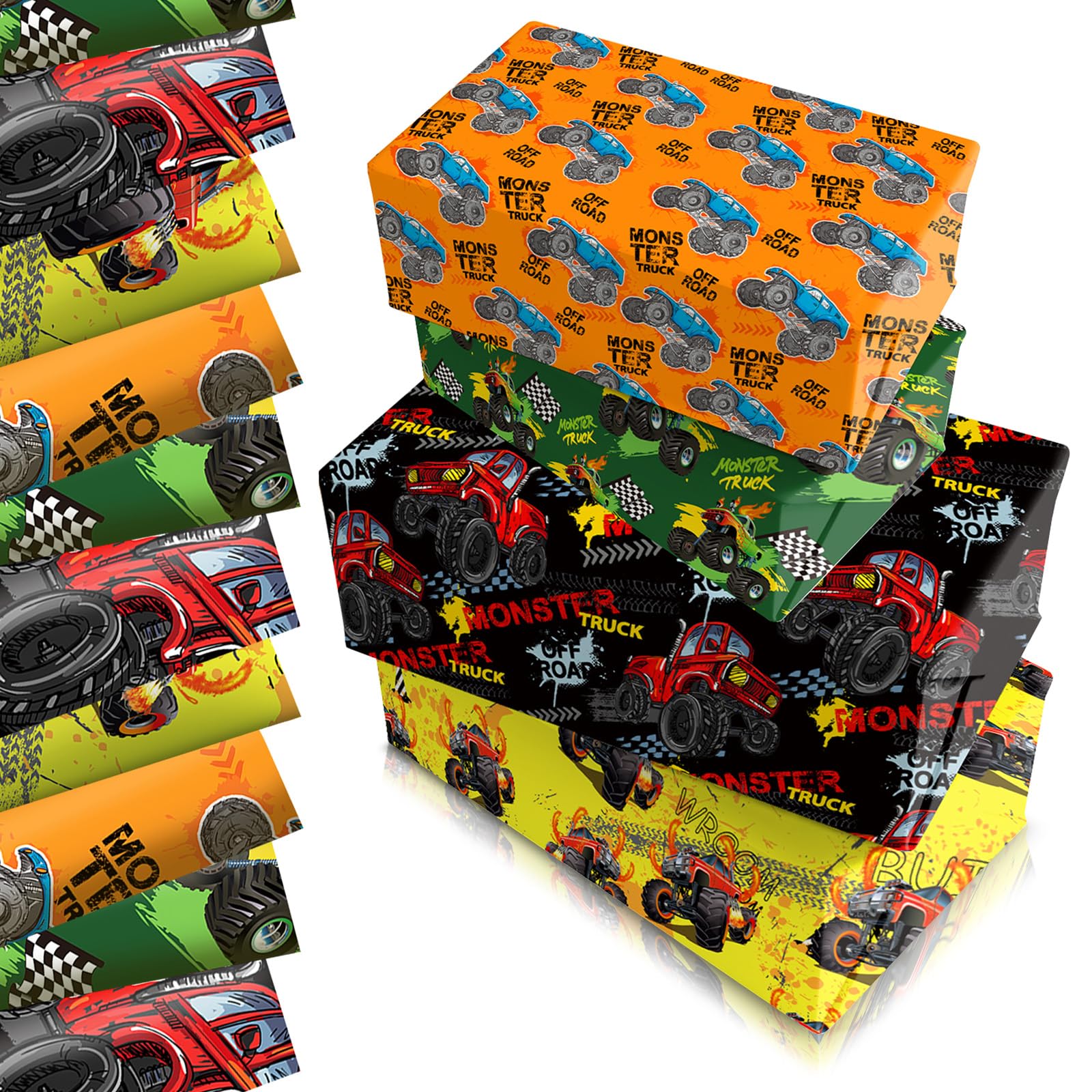 Monster Truck Wrapping Paper Sheets 68x50cm,12Sheet Black Orange Yellow Green Off Road Car Gift Wrapping Paper,Recyclable Monster Truck Wrapper for Boys Kids Birthday Party Gift Wrap Boxes Decoration