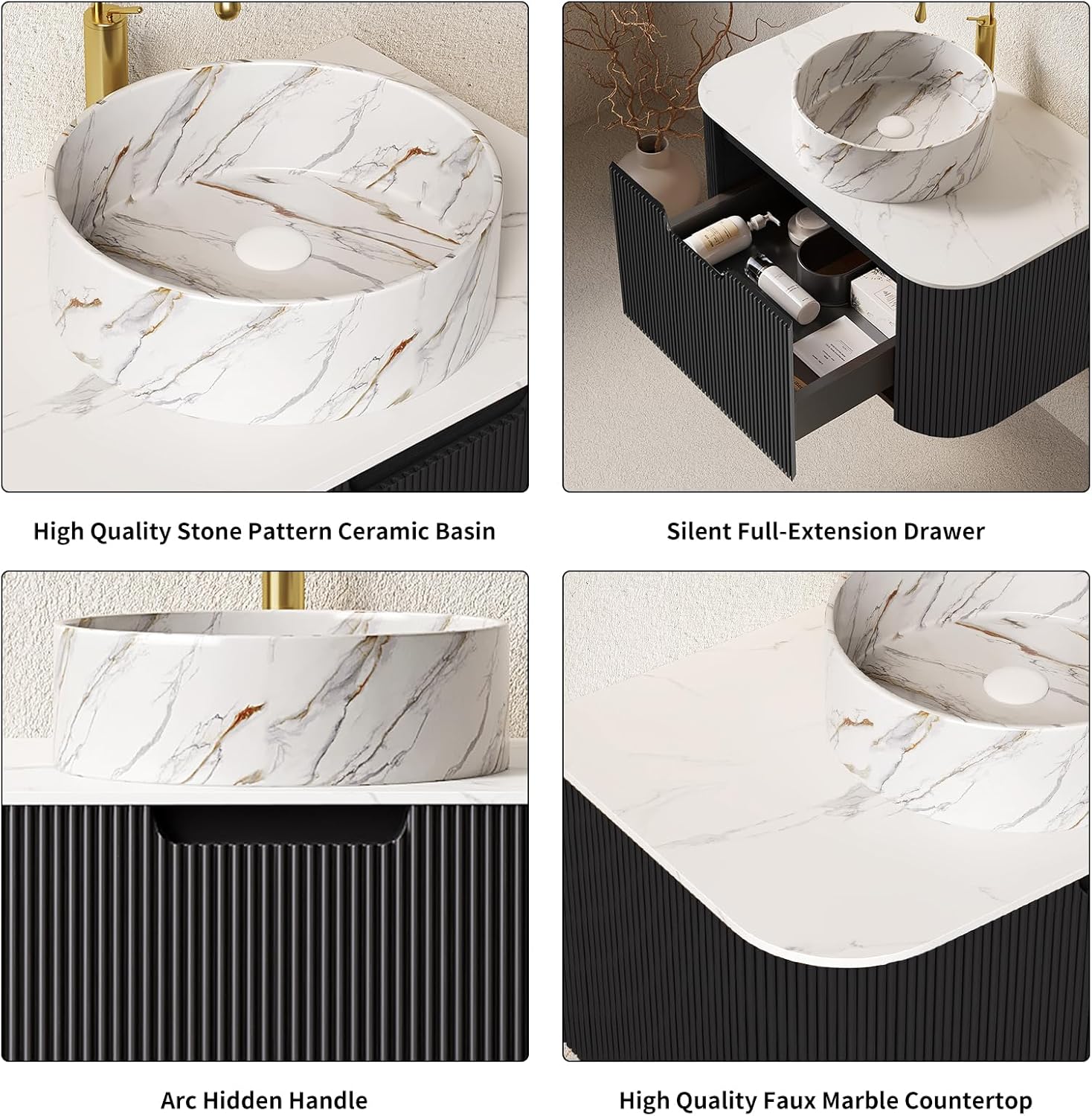 Yayzy 24" Floating Bathroom Vanity with Sink, Solid Wood Fluted Cabinet, White Marble-Patterned Ceramic Basin & Faux Marble Top, Soft-Close Drawer, Pre-Assembled, Gloss Black