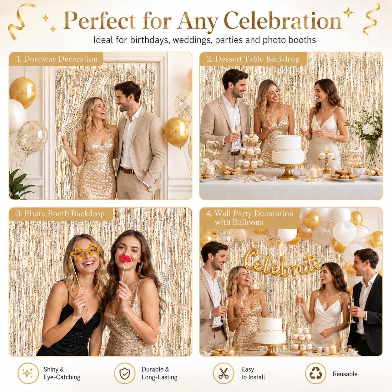 Rideau Métallique à Franges Or Champagne – 5 Pièces Rideaux Paillette Aluminium 1 m x 2 m, Toile de Fond Photo pour Deco Anniversaire, Mariage, Fête, Noël & Nouvel an