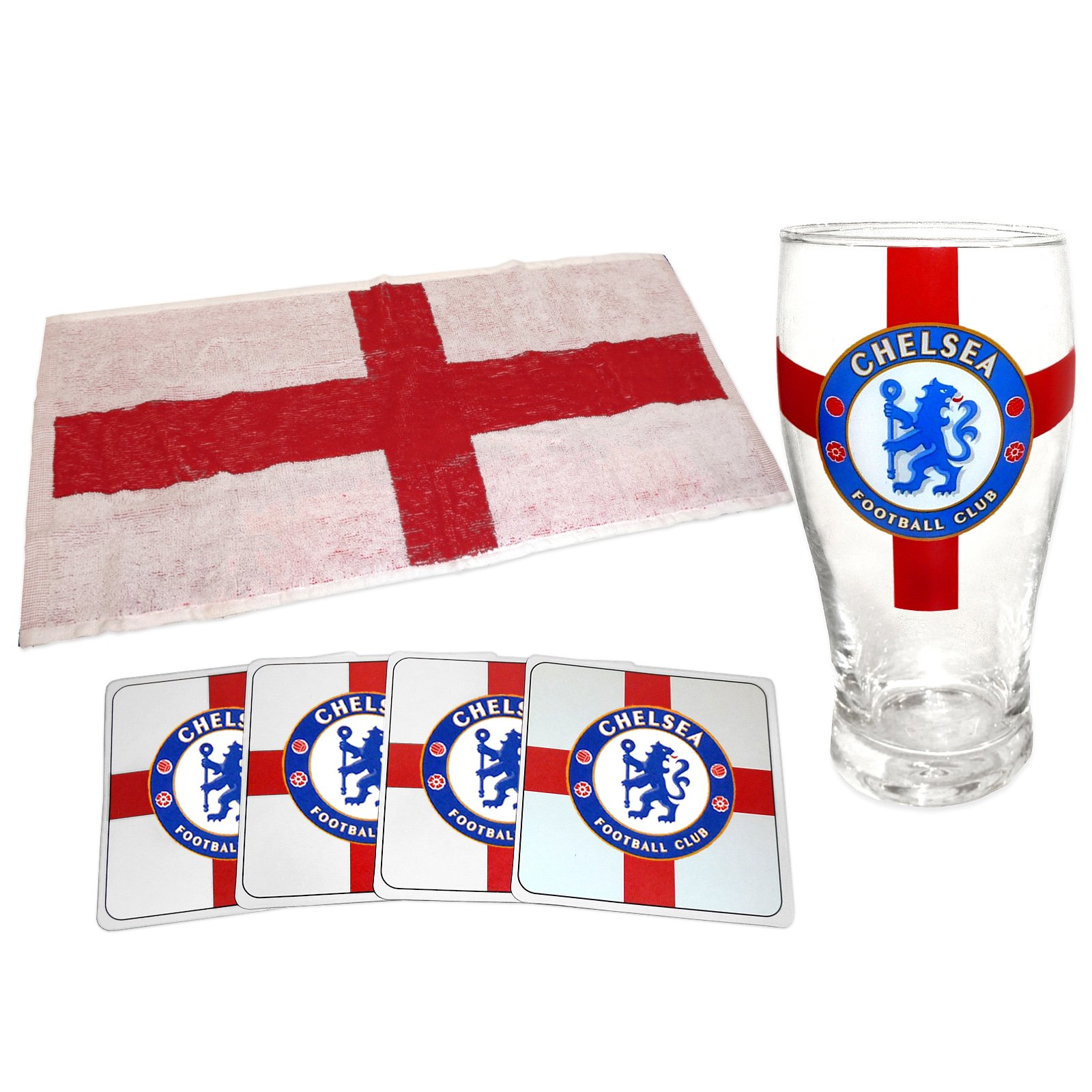 Chelsea FC - Set Oficial de un Vaso de Cerveza, Posavasos y un paño de Cocina