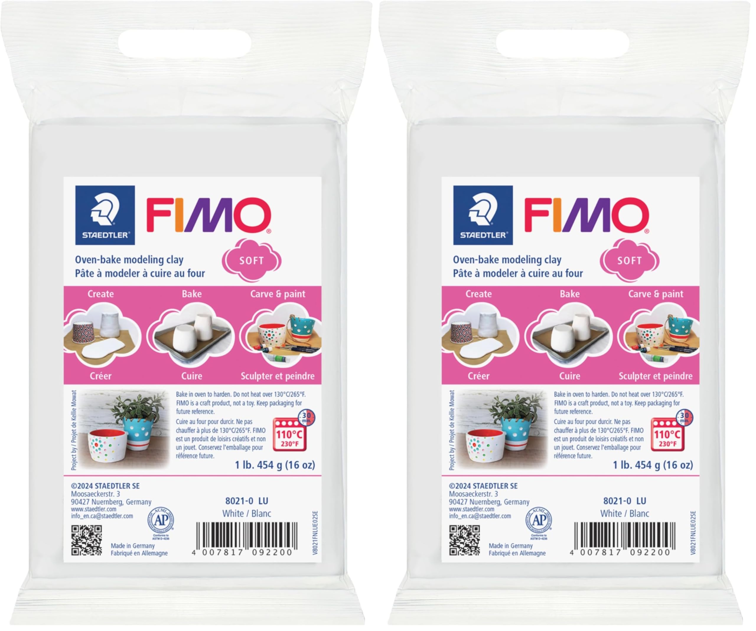 Fimo Soft blanco STAEDTLER pasta maleable que no se agrieta para esculpir detalles pack x2