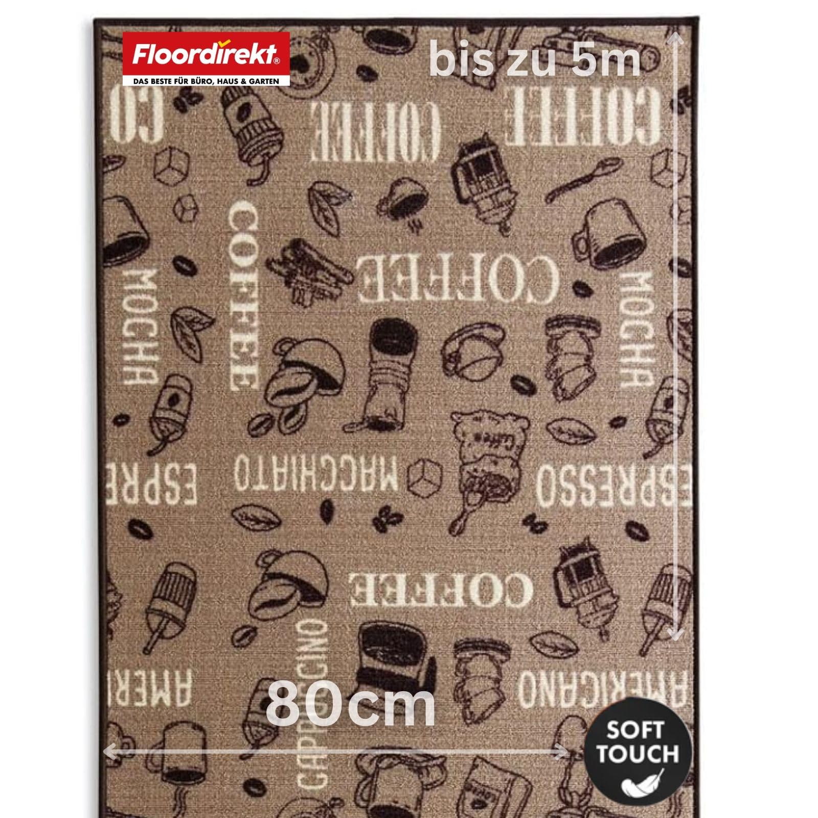 Floordirekt Coffee Carpet Runner, High-Quality Workmanship, Non-Slip Gel Backing, Available in Many Sizes (80 x 150 cm)