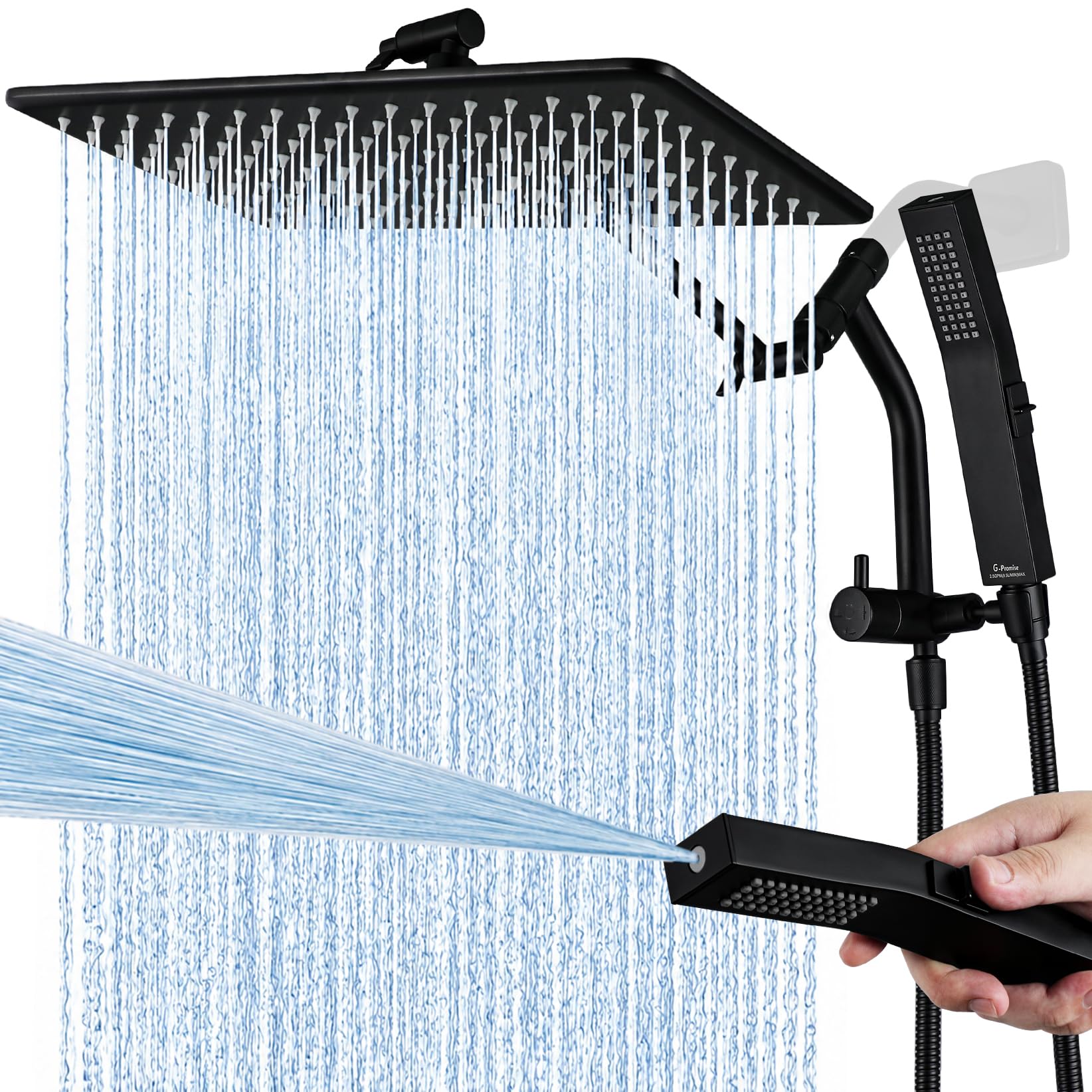 G-Promise All Metal 14 Inches Rain Shower Head with Handheld Built-in Power Wash Mode, 3-way Shower Diverter with Pause Setting, 11 Inches Adjustable Extension Arm, Long Hose (Matte Black, 14 Inches)