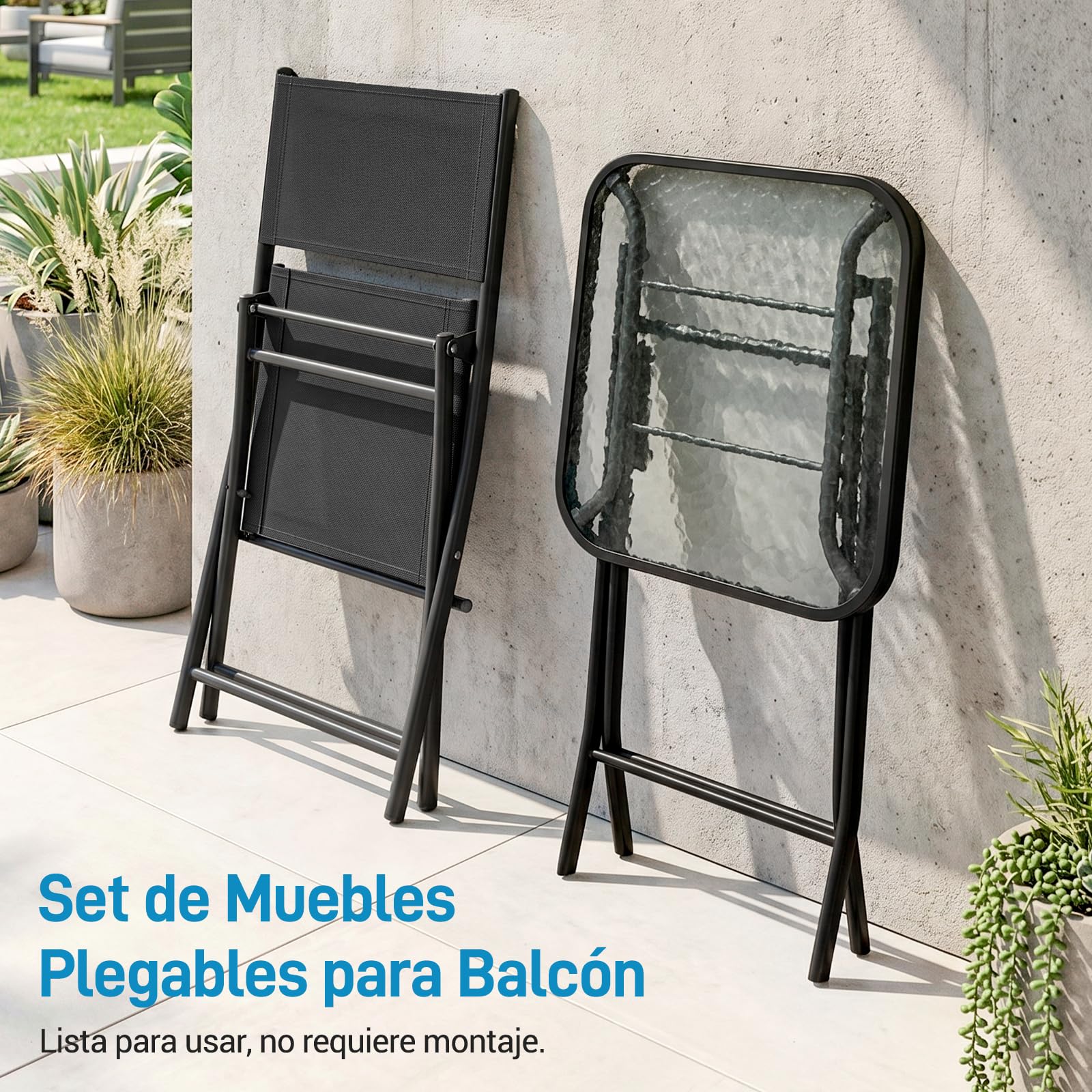 LIFERUN Juego de Muebles de Balcón Plegable, 3 Piezas, Resistente a la Intemperie, con Tablero de Cristal y Sillas de Textileno, 1 Mesa Plegable con 2 Sillas Plegables, Negro
