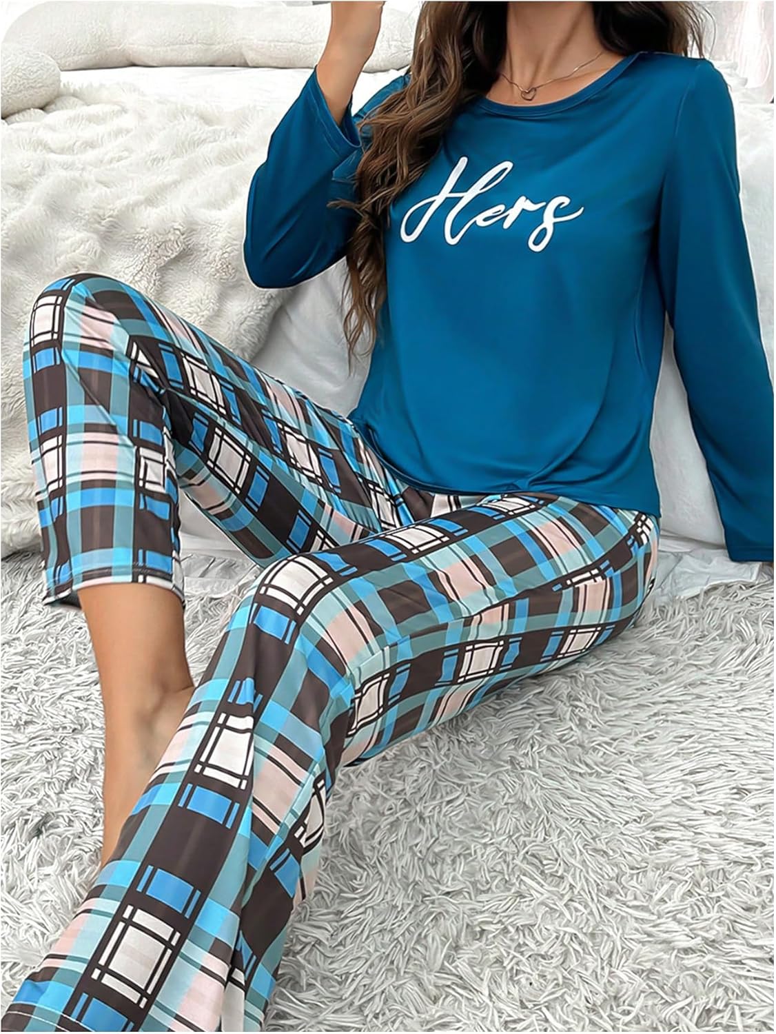 SweatyRocks Women's Long Sleeve Pajama Sets Crew Neck Graphic Tee and Plaid Pants Sleepwear Lounge Set Multicolor Medium - Image 3