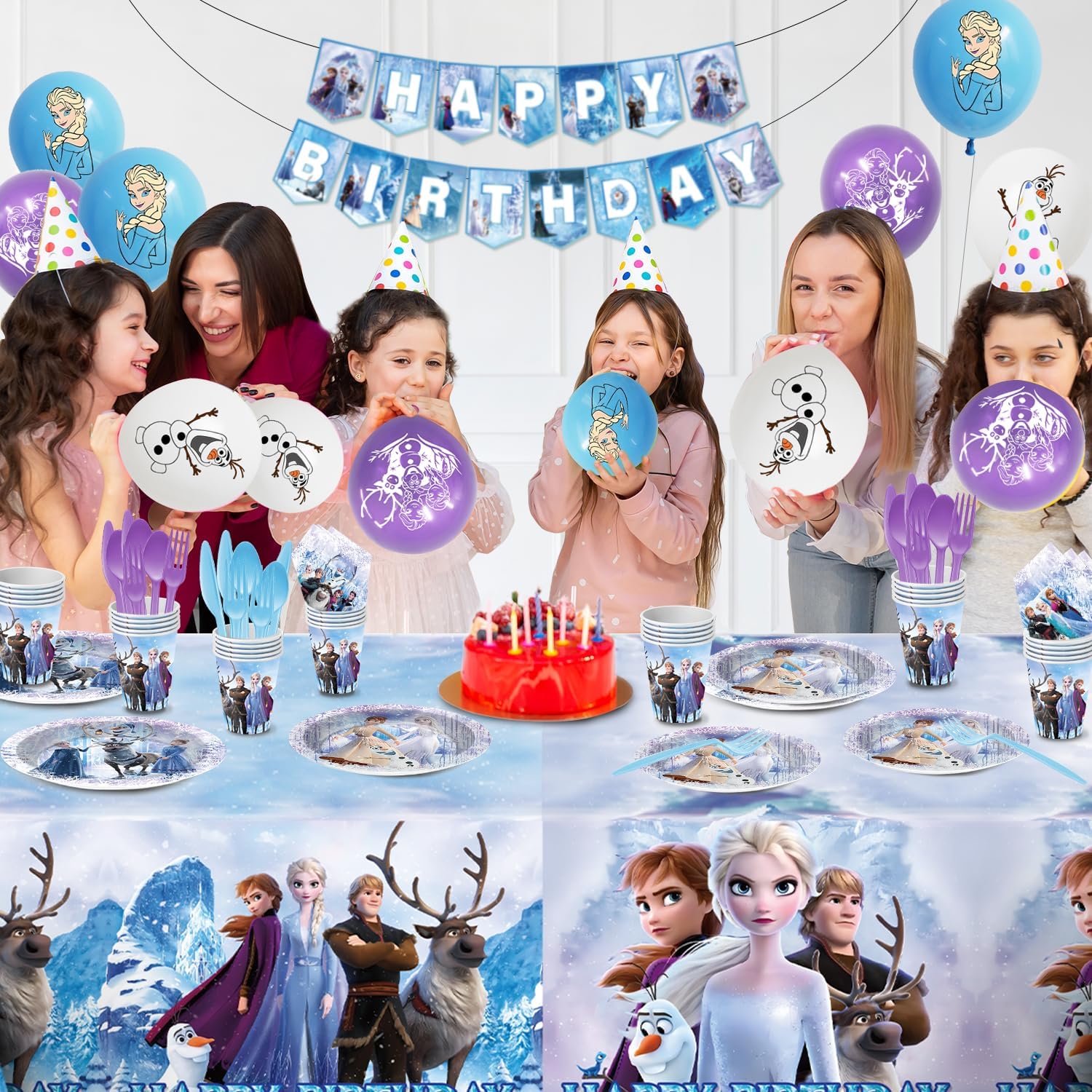Blue Winter Birthday Party Decorations 207pcs Disposable Paper Plates & Napkins Set for 24 Guests - Includes Happy Birthday Banner & Cartoon Tablecloth