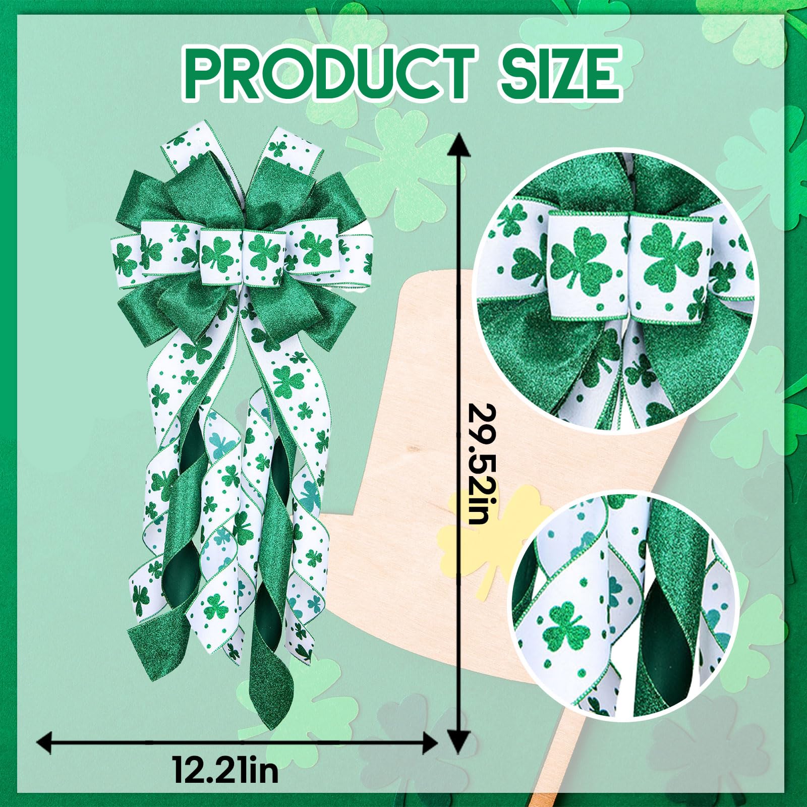LINGMIN Large Saint Patrick Tree Topper Bows, St Patricks Glitter Green Clover Bows for St. Patrick's Day Home Garden Indoor Outdoor Decoration Wreath Ornament Supplies, 13 x 30 Inches
