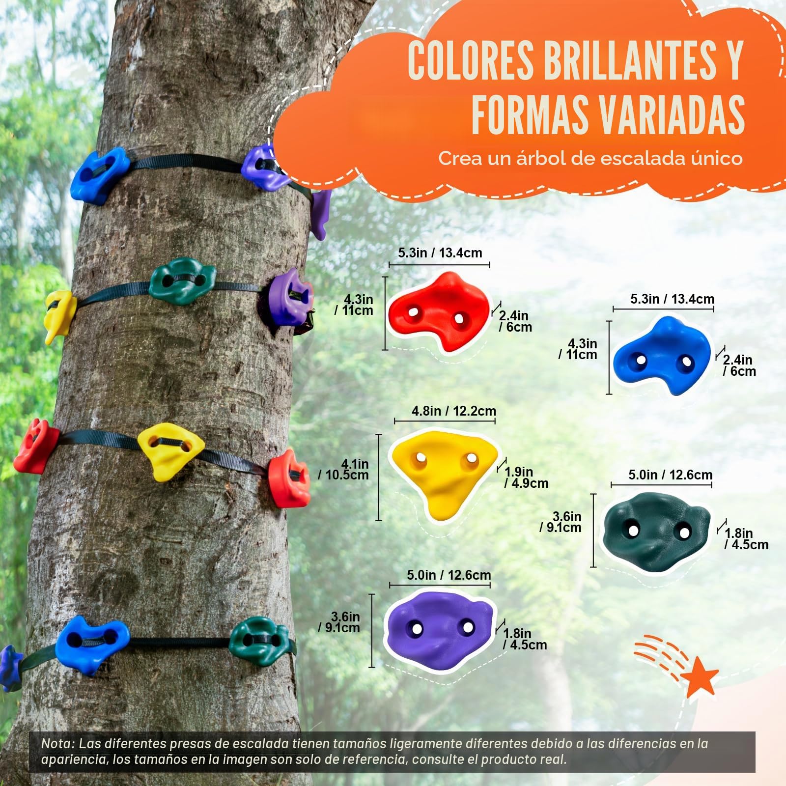 VEVOR Kit de Escalada de árboles Ninja, 12 presas para trepar árboles y 6 Correas de trinquete, Rocas de Escalada Grandes para niños y Adultos, Formas