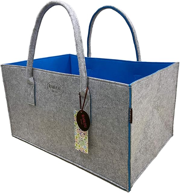RAIKOU nowa torba filcowa Shopper drewniany kosz torba na zakupy torba z uchwytem kosz na gazety wytrzymała torba na drewno opałowe stojak na gazety również na zabawki ogród piknik plaża(Szary/niebieski,50*34*27cm)