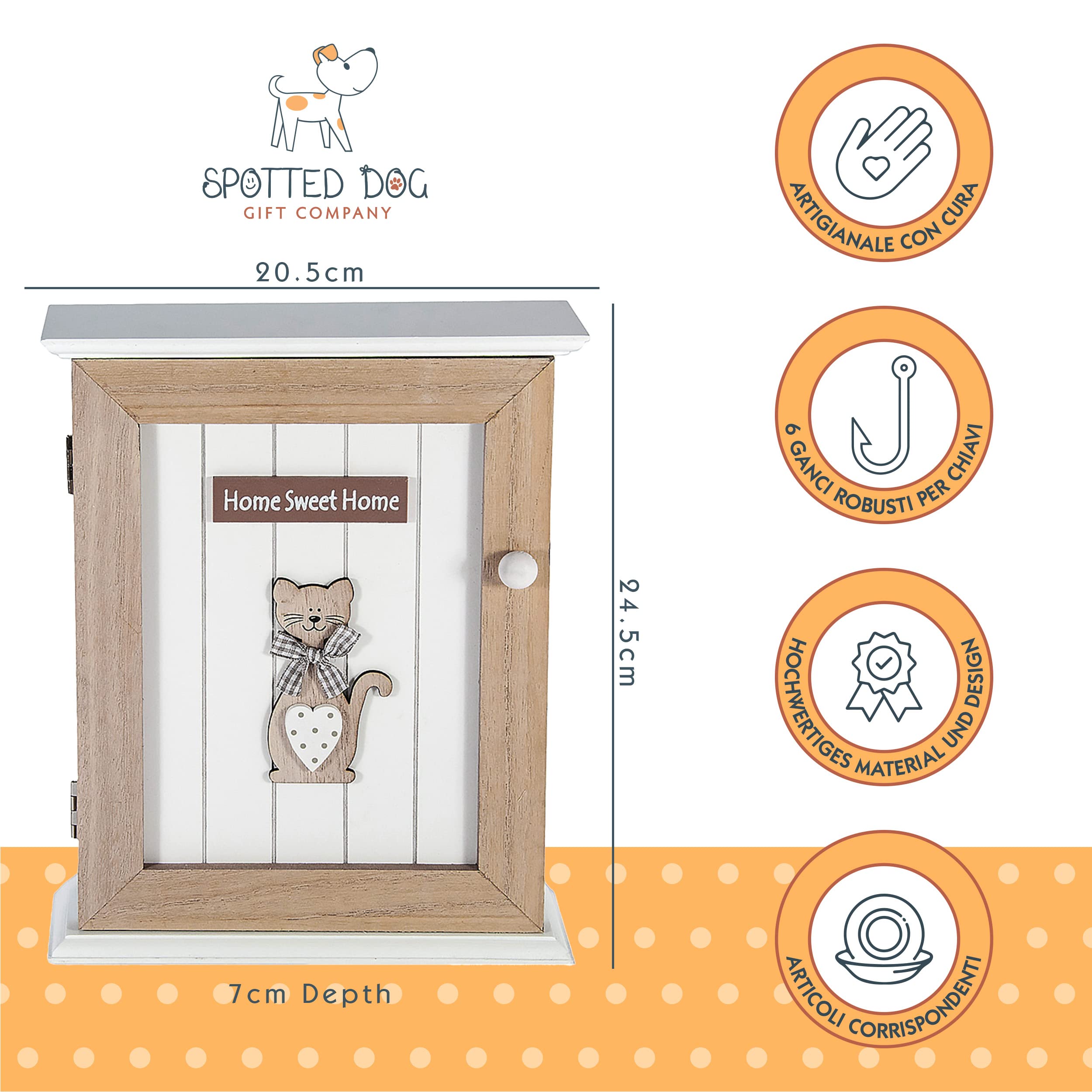 SPOTTED DOG GIFT COMPANY - Armadietto portachiavi da parete con motivo gatto e scritta Home Sweet Home - decorazione per l'ingresso - con 6 ganci - in legno - naturale/bianco