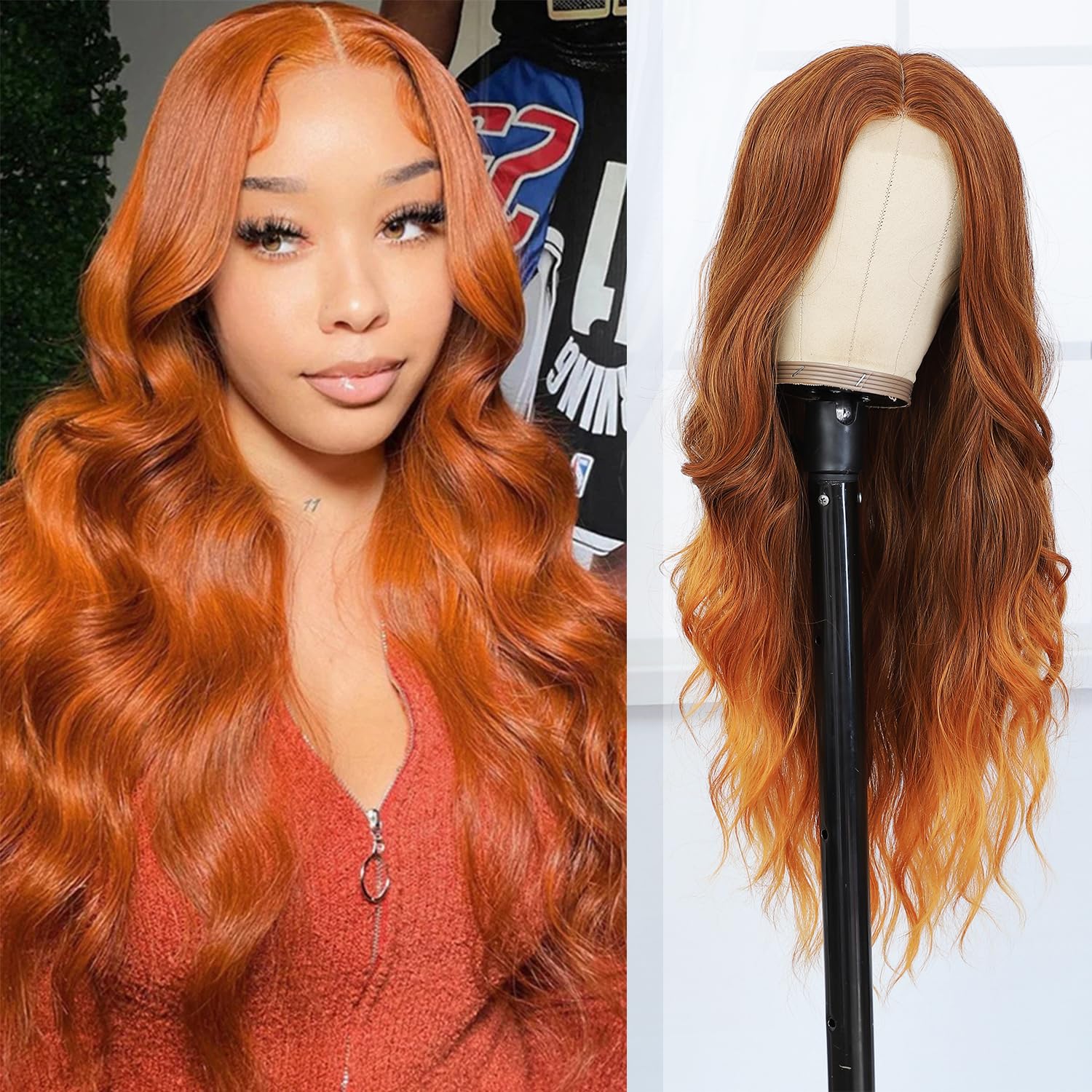 Veally Long Wig for Women - 26 Inch Middle Part Ginger Curly Wavy Wig - Natural Looking Synthetic Heat Resistant Fiber Wig for Daily Halloween Cosplay