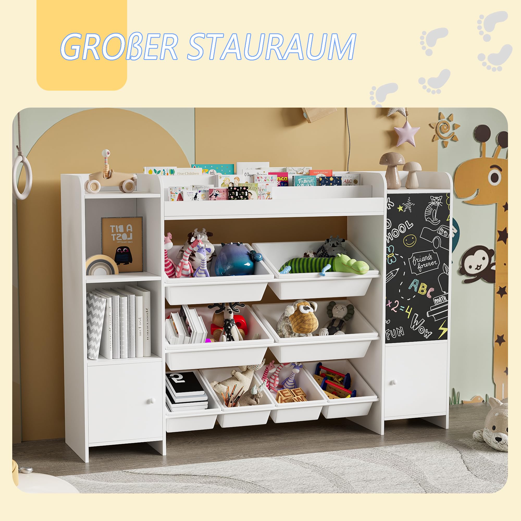 PerGar Bücherregal Kinder, Spielzeug-Organizer, Multifunktionale Ablage mit 8 Aufbewahrungsboxen, mit Tafel, Aufbewahrung von Büchern & Spielzeug im Kinderzimmer, Weiß, 137×94.5×30cm