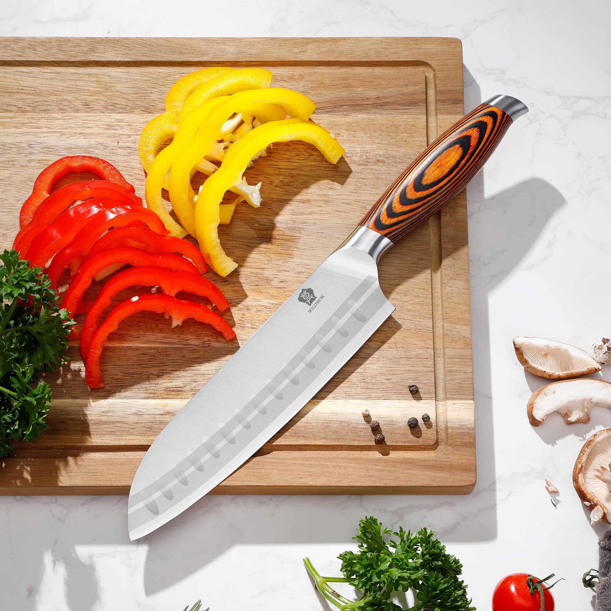 WILDMOK 18cm Santoku Messer Asiatischer Art, Santokumesser, Deutsch Edelstahl Küchenmesser mit ergonomischem Griff für Haus und Restaurant