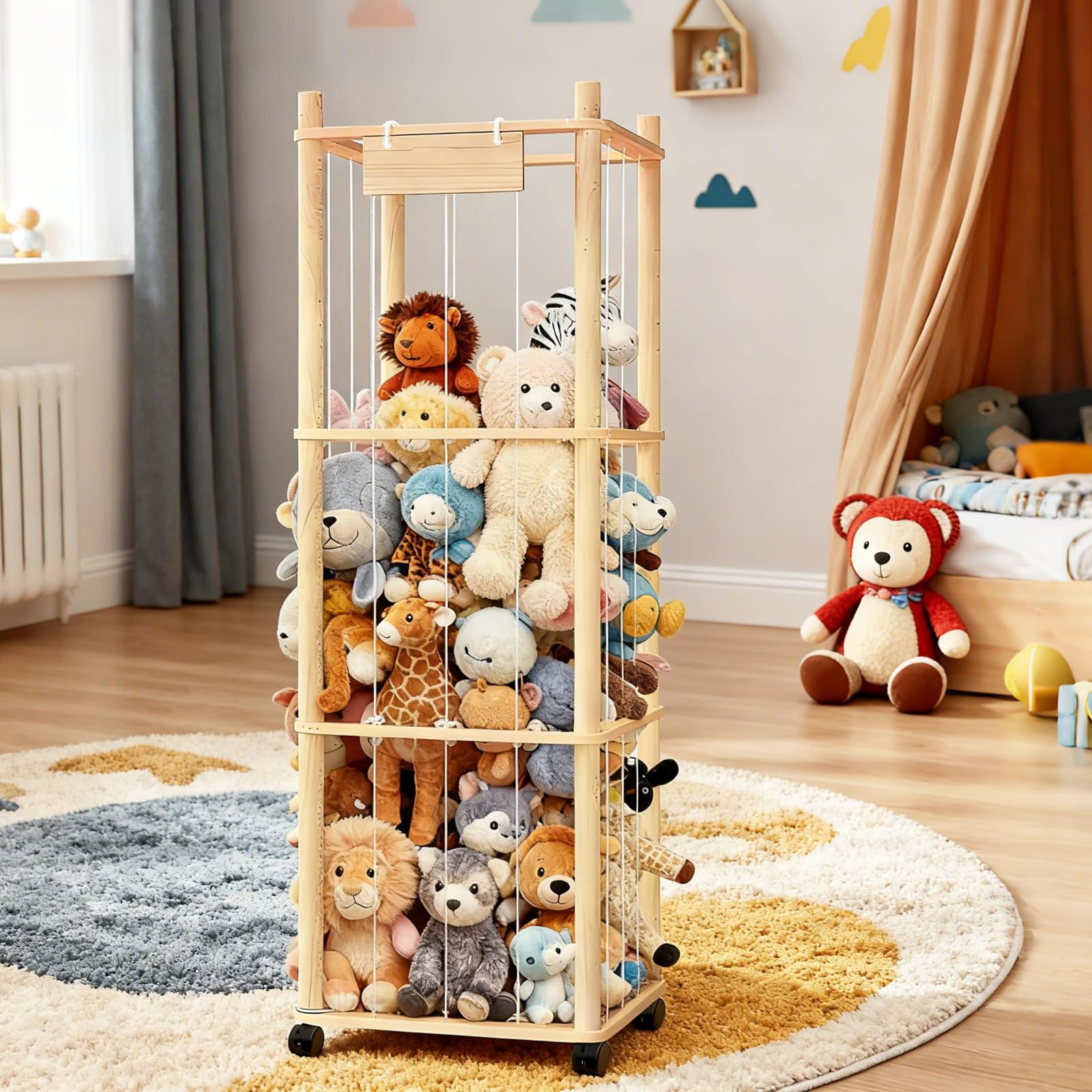 Almacenamiento Juguetes, Organizador Peluches de Madera con Reudas a 360°y Frenos Organizador Juguetes Infantil de Peluches Portaositos de Peluche para Habitaciones Infantiles, Salas de Juegos