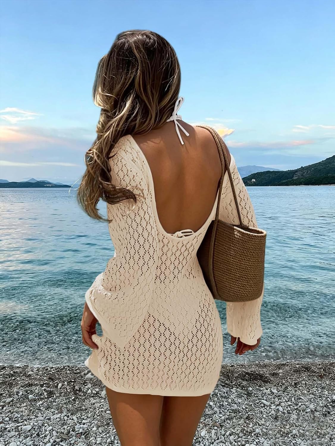 BreathSunny Womens Crochet Swimsuit Beach Cover Up 2026 Sexy V Neck Mesh Knit Bathing Suit Swim Coverups Mini Dress