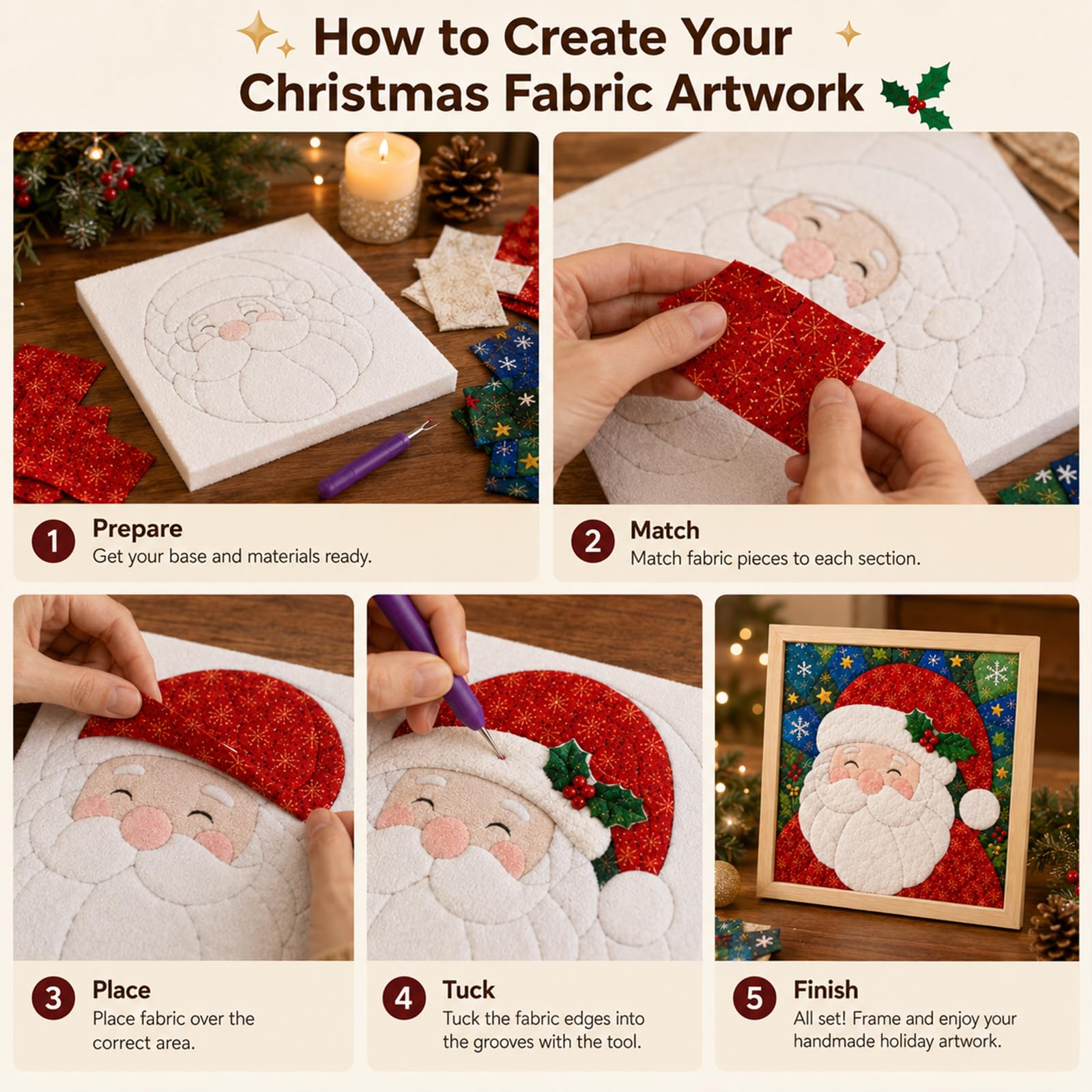 No-Sew DIY Kinusaiga Fabric Art Kit, with Frame & Tools, B04, Christmas Collection - Image 6