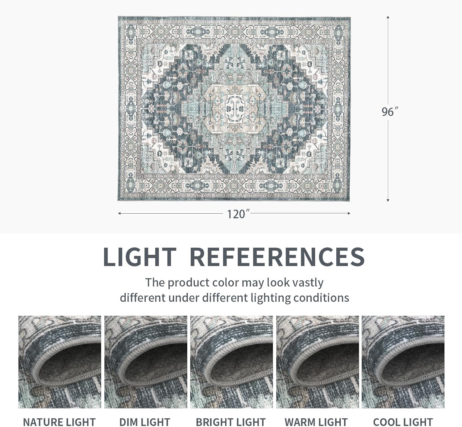 8x10 Vintage Washable Area Rug for Living Room,Low Pile Non Slip Carpet Non-Shedding Large Area Rug Soft Indoor Stain Resistant Rug Boho Print Mat for Bedroom Dining Room Blue Beige Multi - Image 2